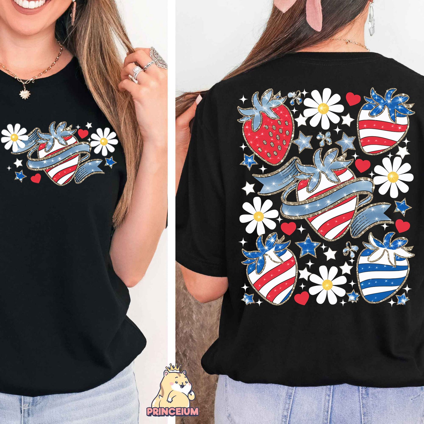 a woman wearing a black shirt with american hearts and flowers on it