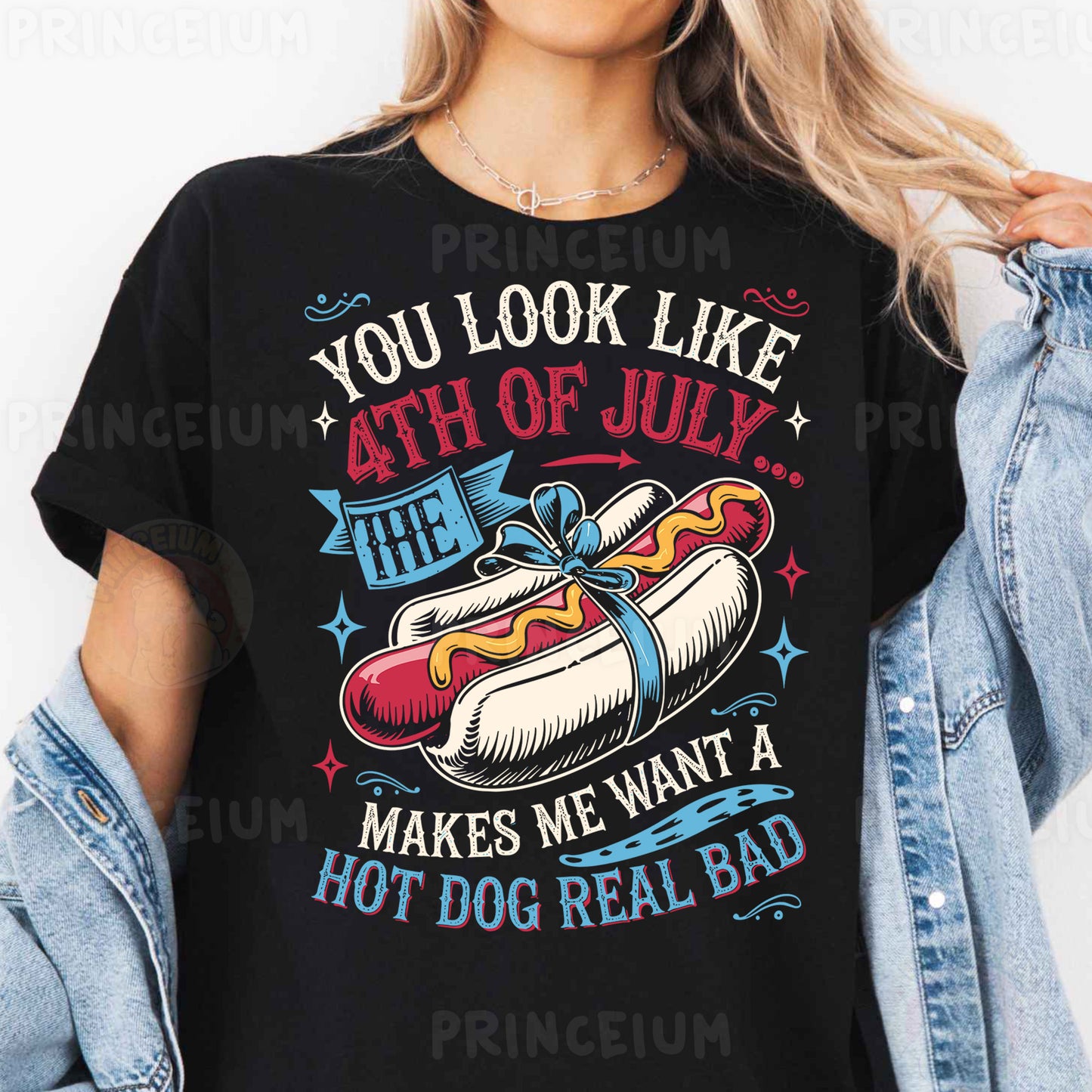 a woman wearing a black shirt with a hot dog on it