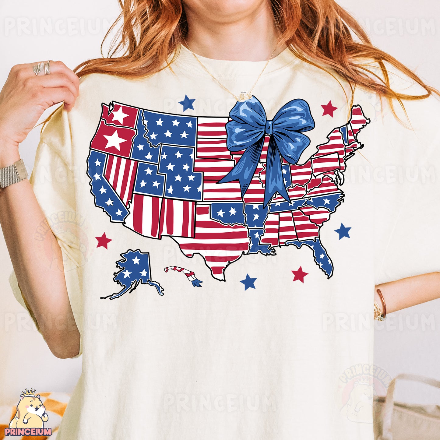 a woman wearing a patriotic usa t - shirt