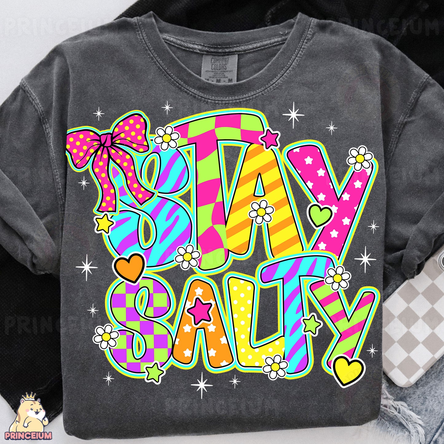 a t - shirt with the words stay salty on it