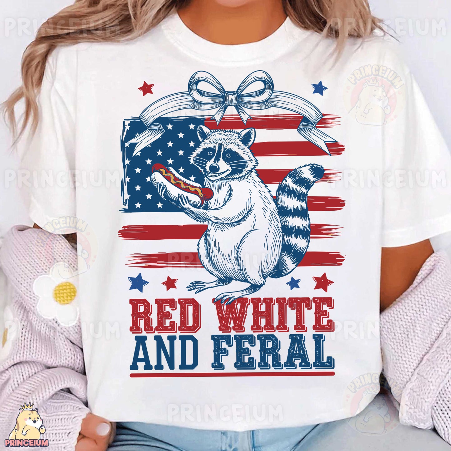 a woman wearing a white shirt with a raccoon eating a donut