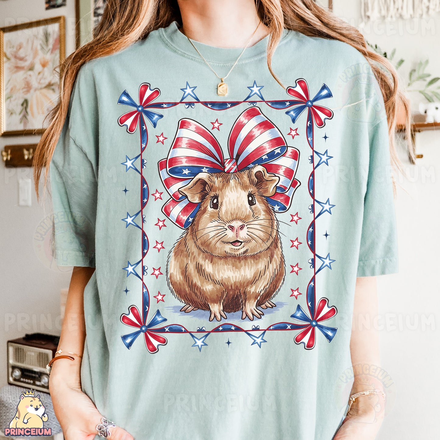 a woman wearing a t - shirt with a picture of a guinea pig wearing a