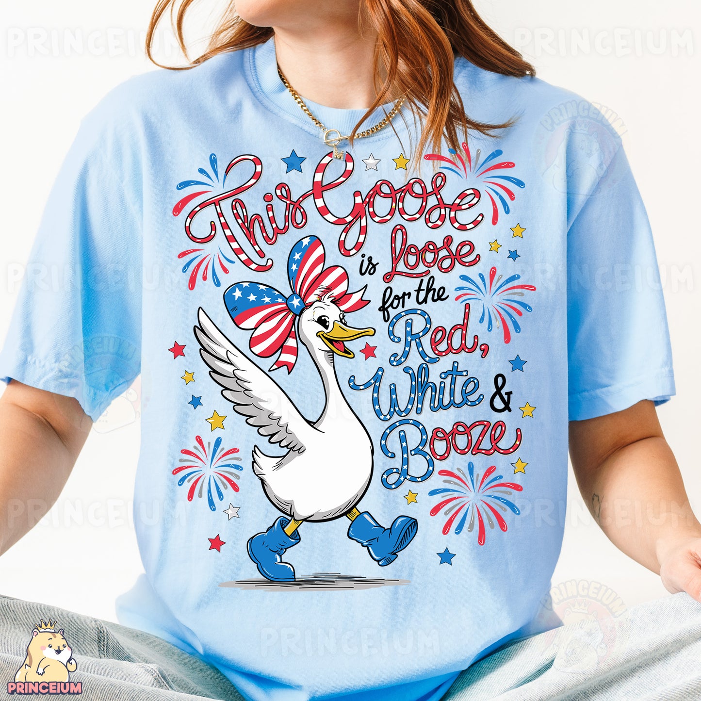a woman wearing a blue shirt with a white goose on it