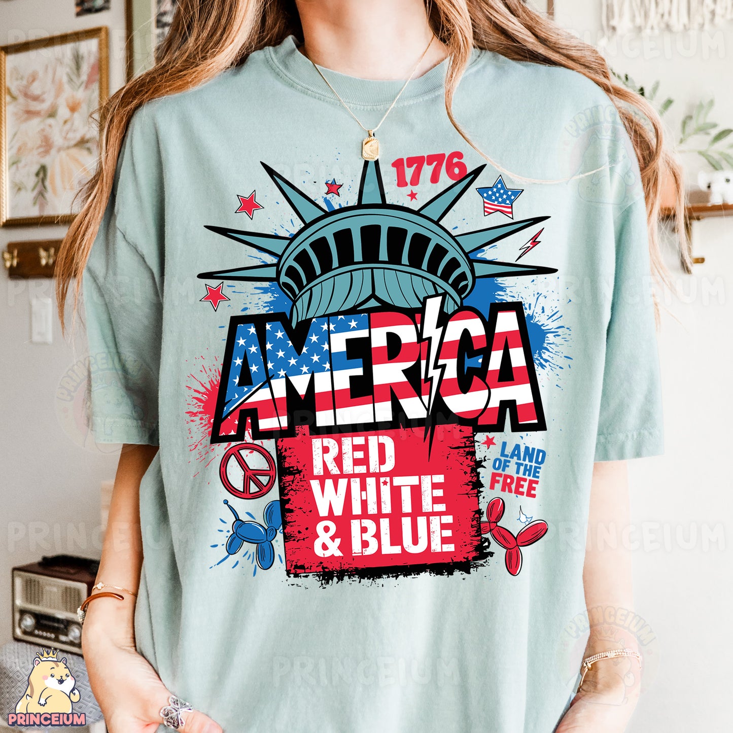 a woman wearing a t - shirt that says america red, white and blue