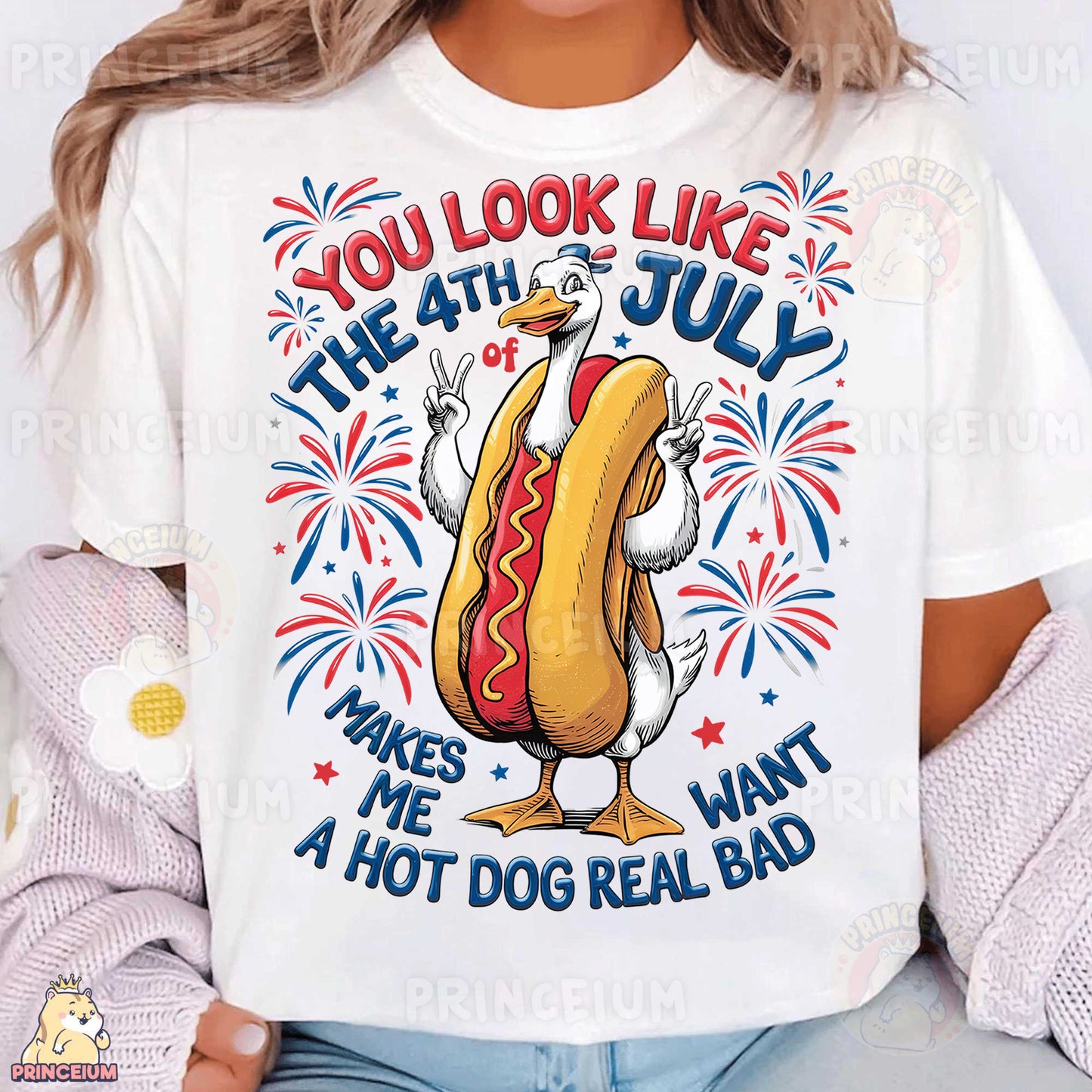 a woman wearing a white shirt with a hot dog on it