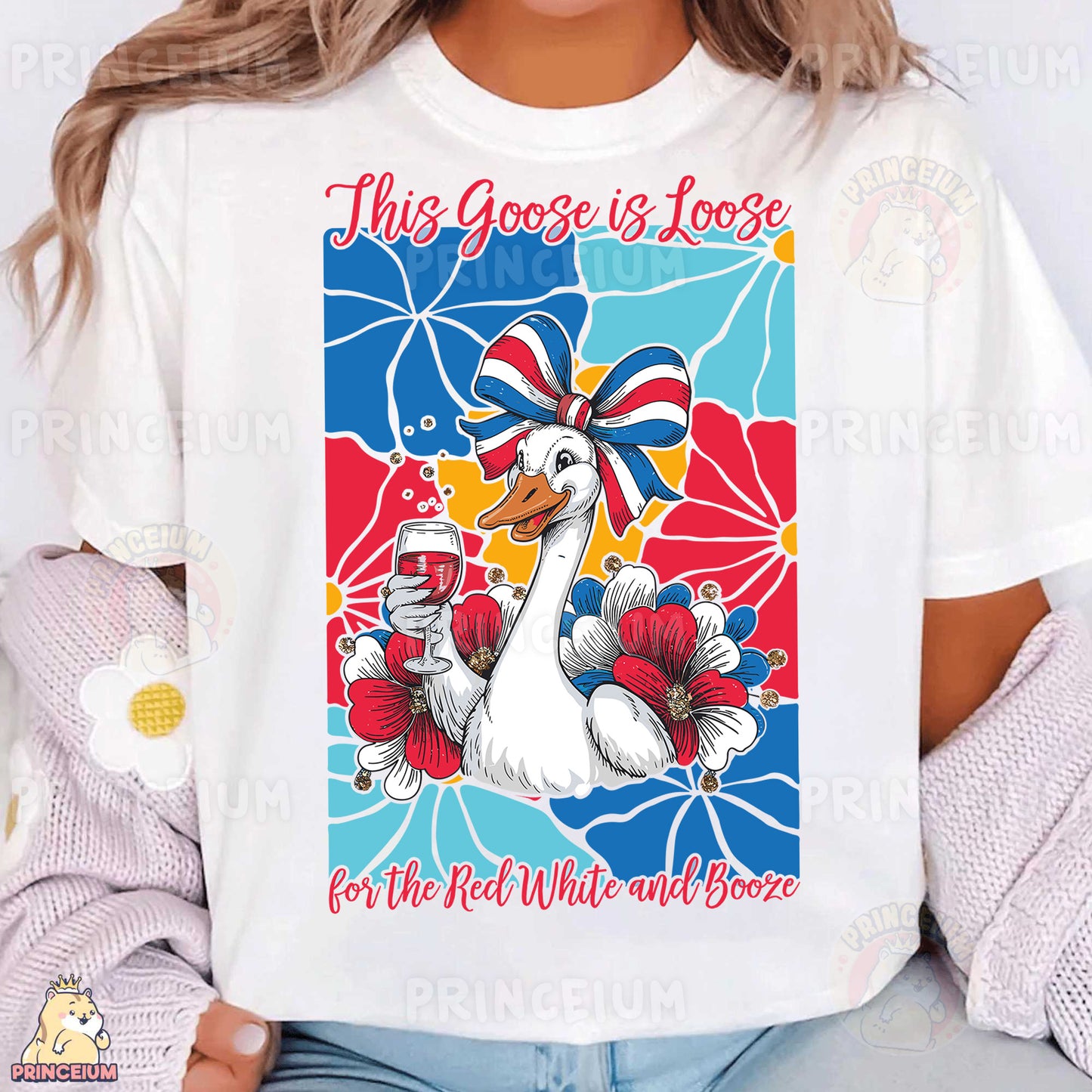 a woman wearing a t - shirt with a goose on it