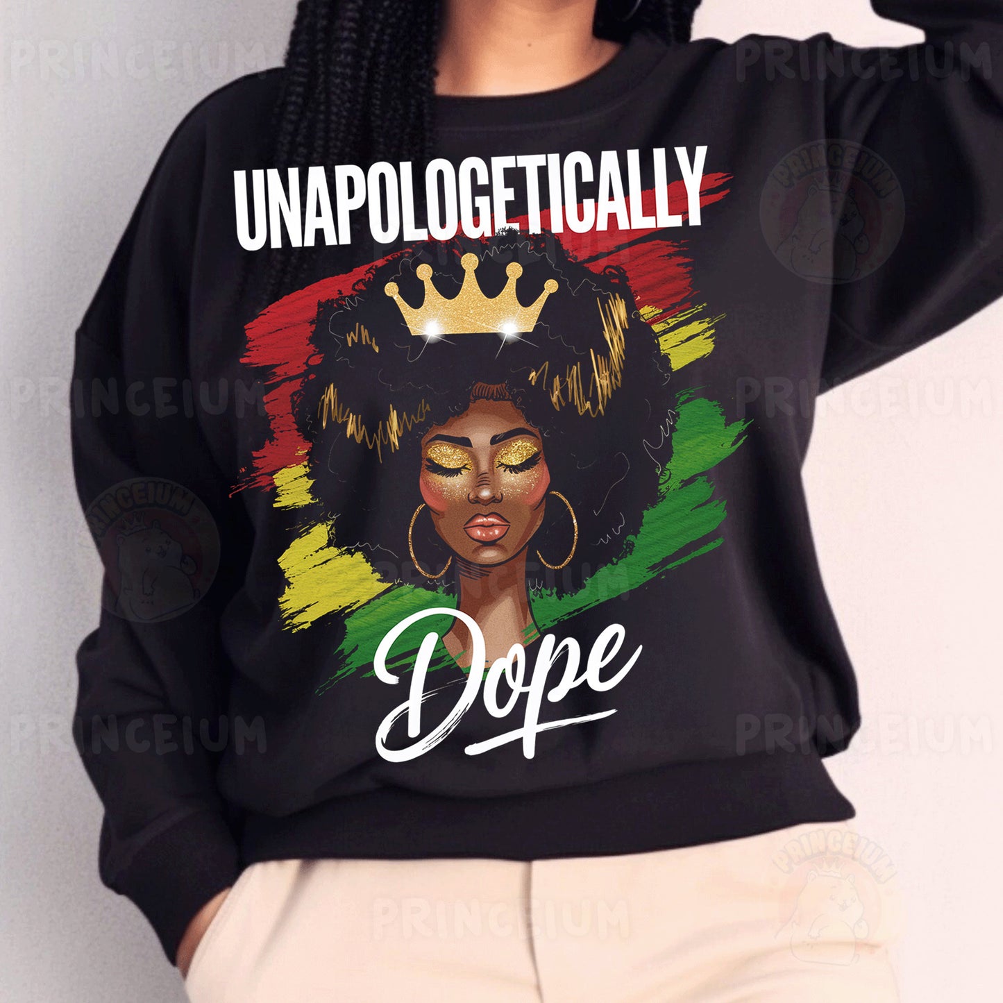 a woman wearing a black sweatshirt with a crown on her head