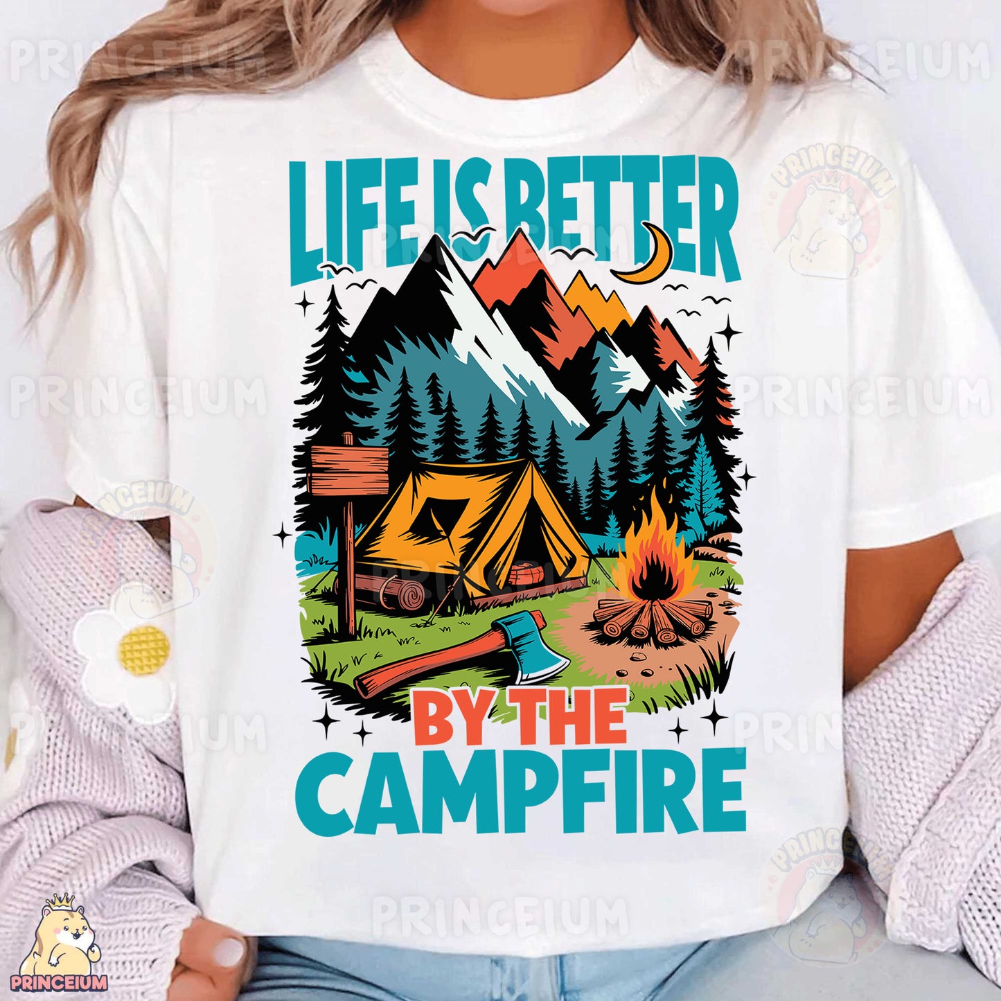 a woman wearing a t - shirt that says life is better by the campfire
