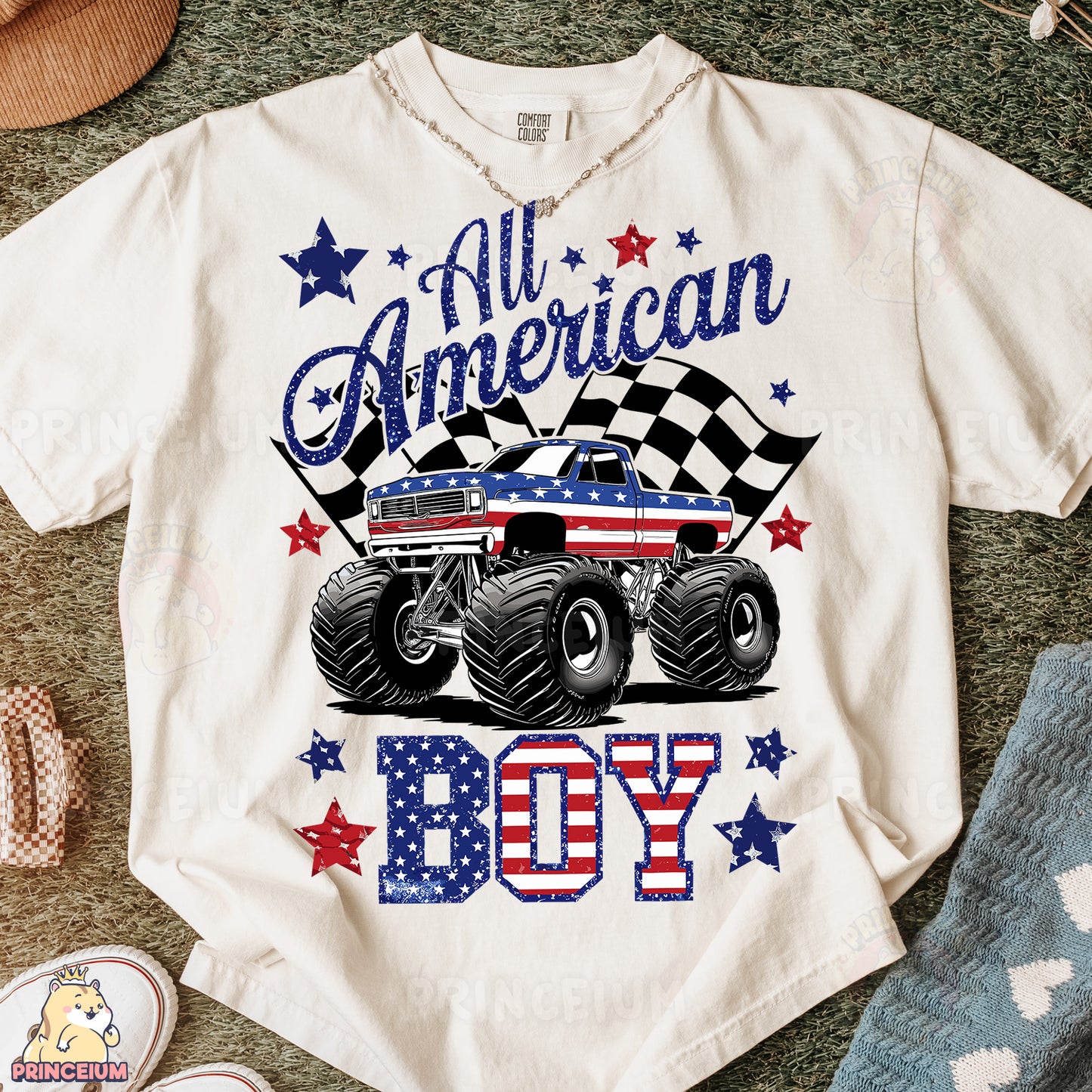 an american boy shirt with a monster truck on it