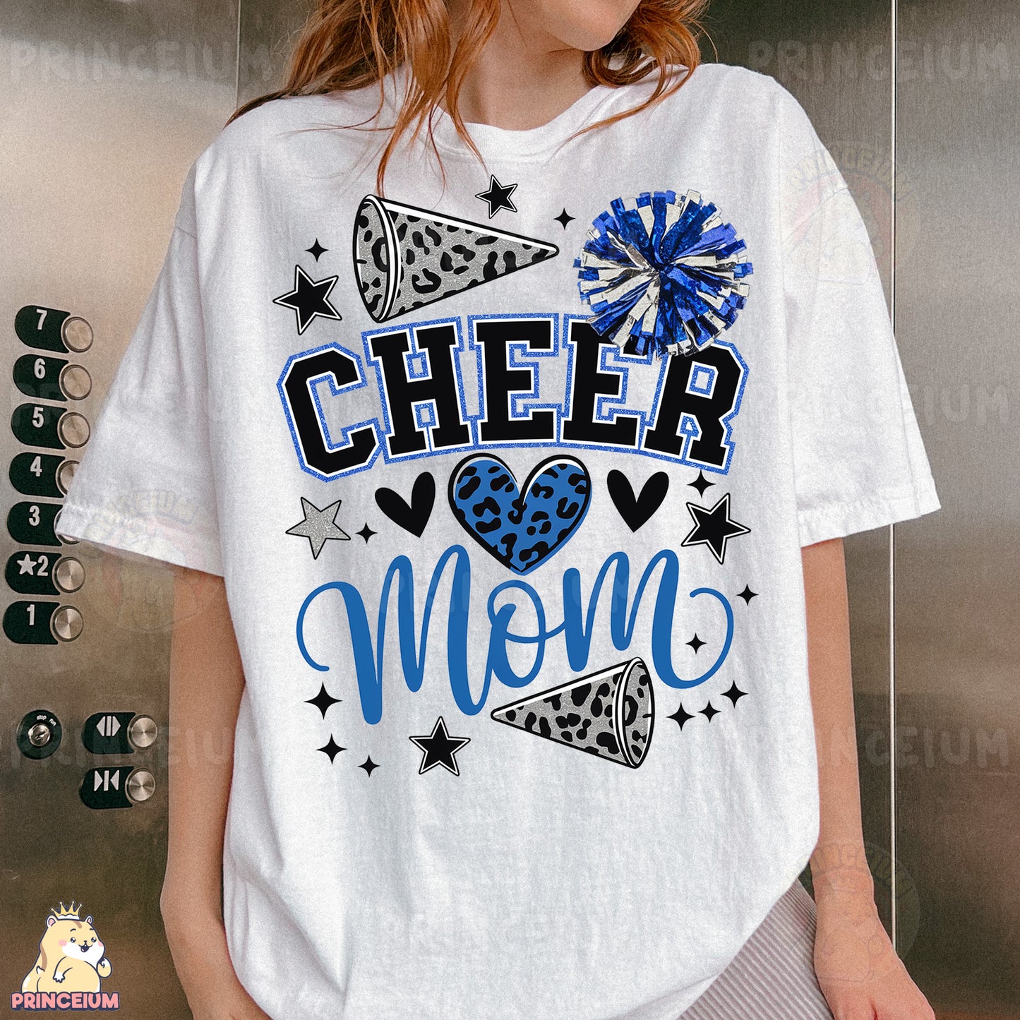 a woman wearing a cheer mom t - shirt