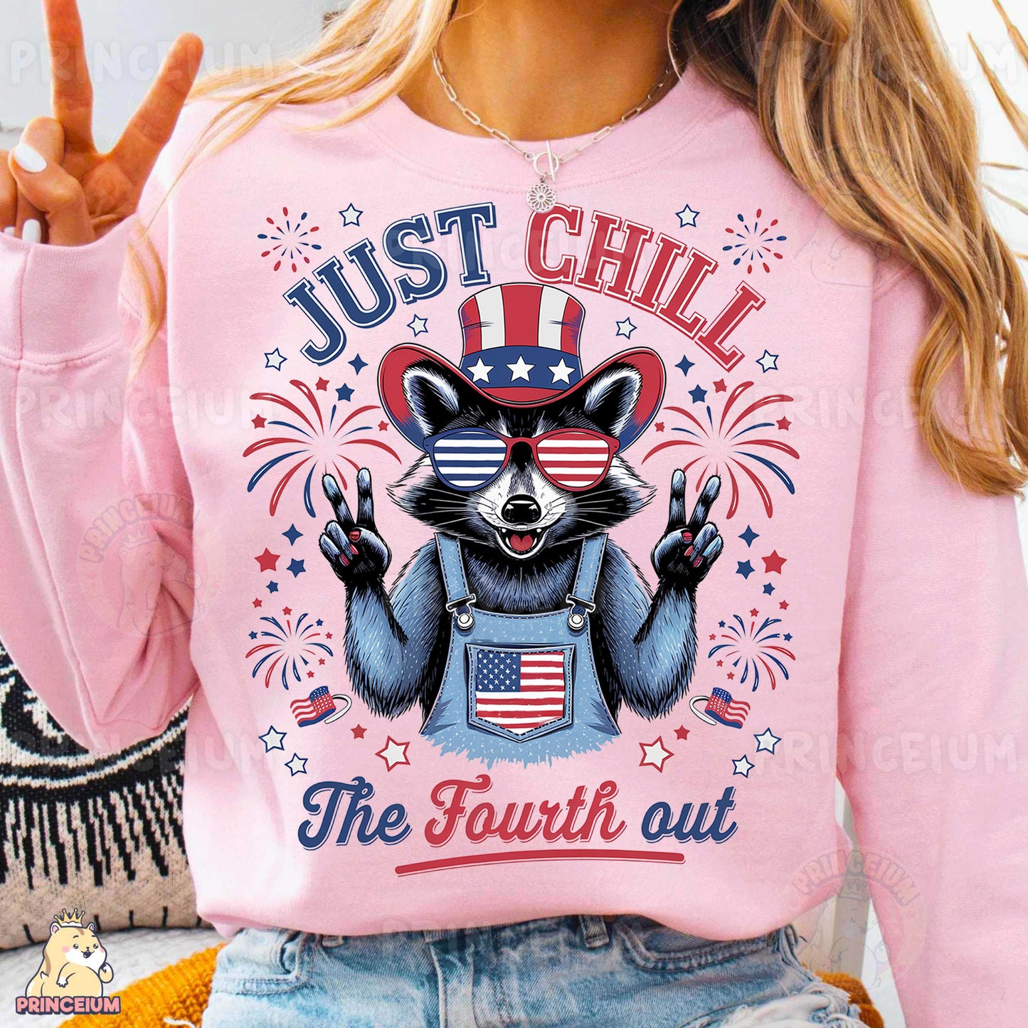 a woman wearing a pink shirt with a raccoon on it