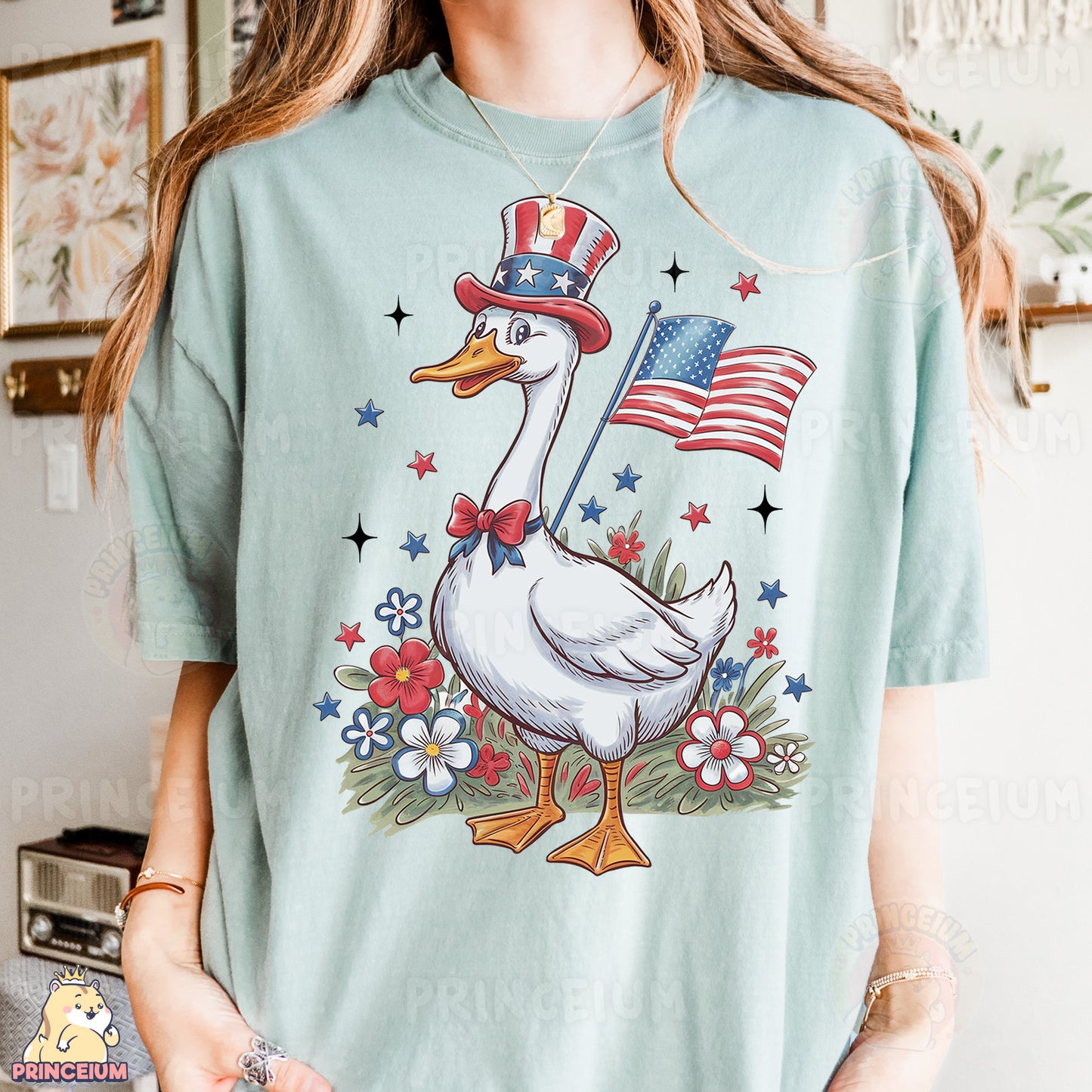 a woman wearing a t - shirt with a duck wearing a hat and an american