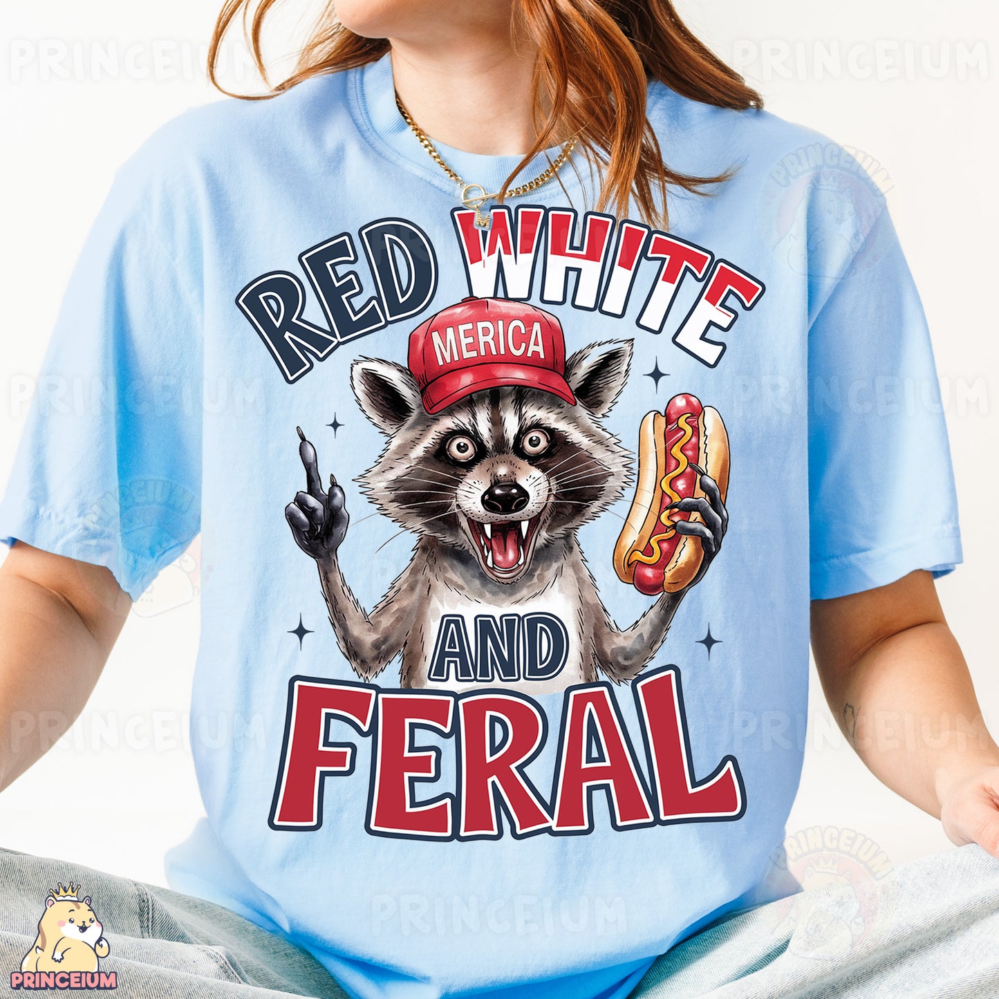 a woman wearing a red white and blue shirt with a raccoon eating a