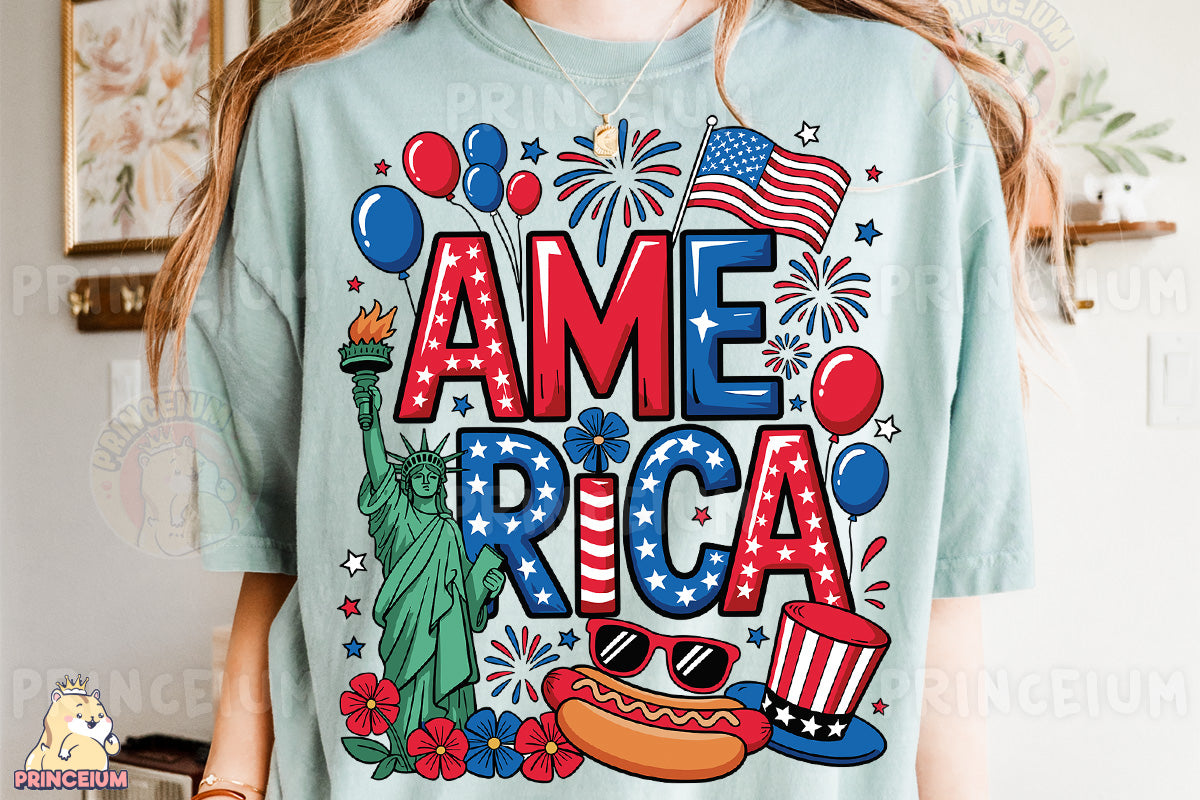 a woman wearing a t - shirt that says ame rica
