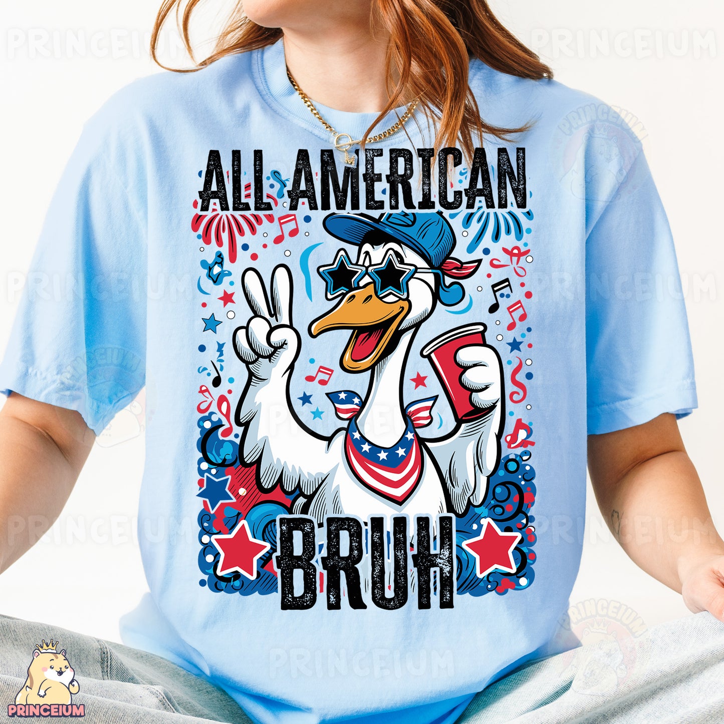 a woman wearing a blue shirt with a cartoon duck on it