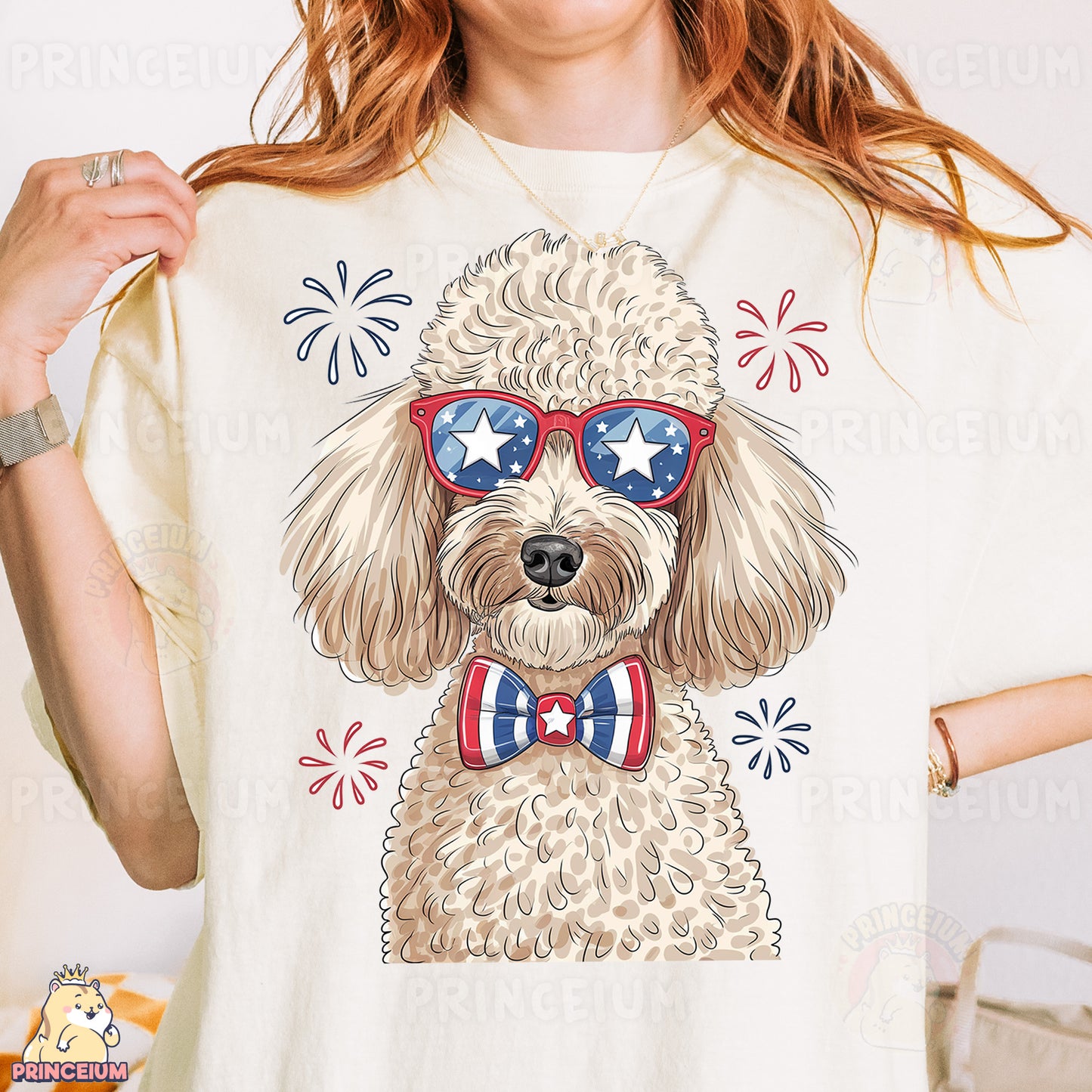 a woman wearing a white shirt with a dog wearing sunglasses
