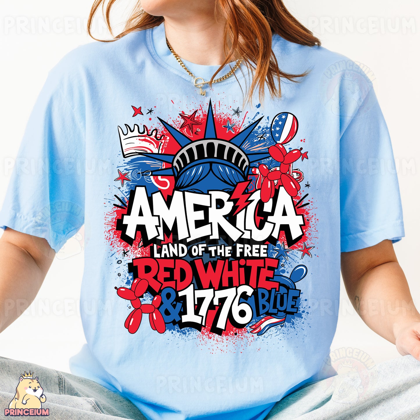 a woman wearing a blue america land of the free t - shirt