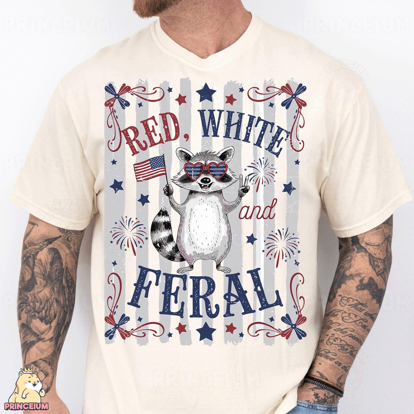 a man wearing a red, white, and blue shirt with a raccoon