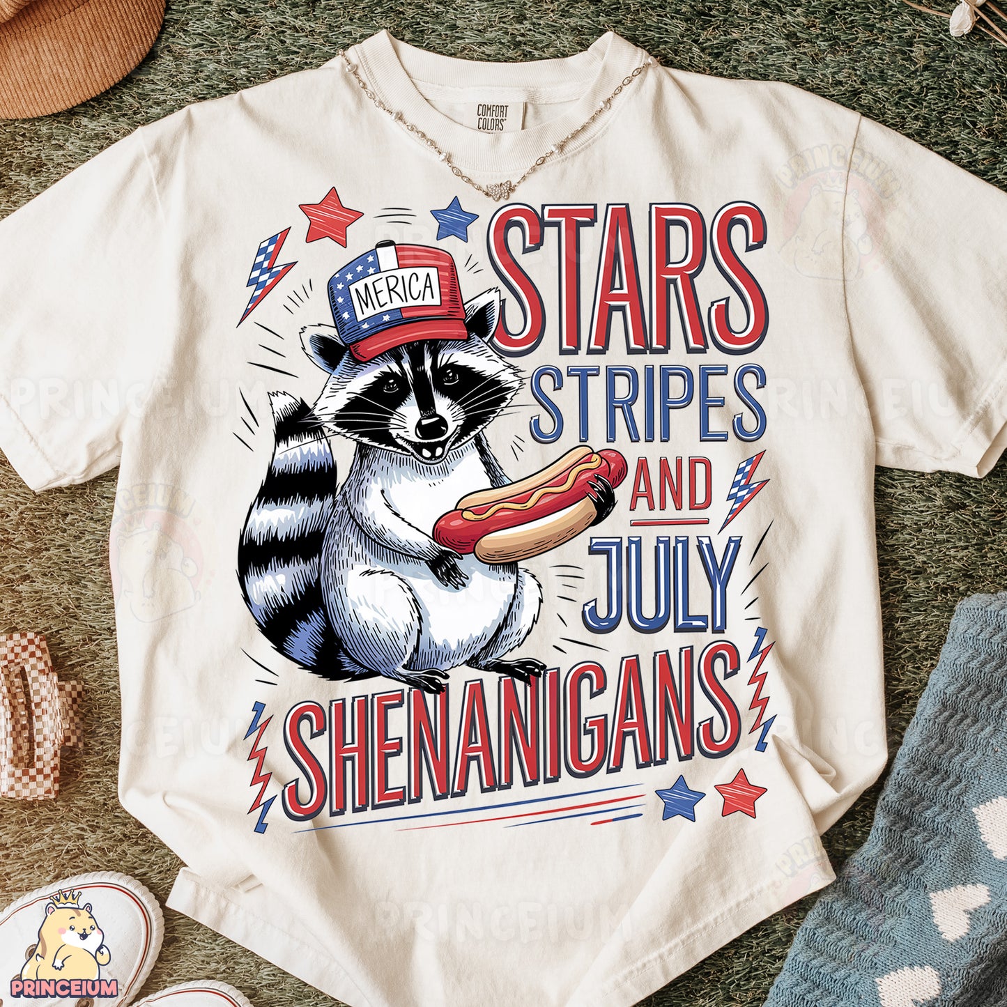 a raccoon wearing a hat and holding a hot dog