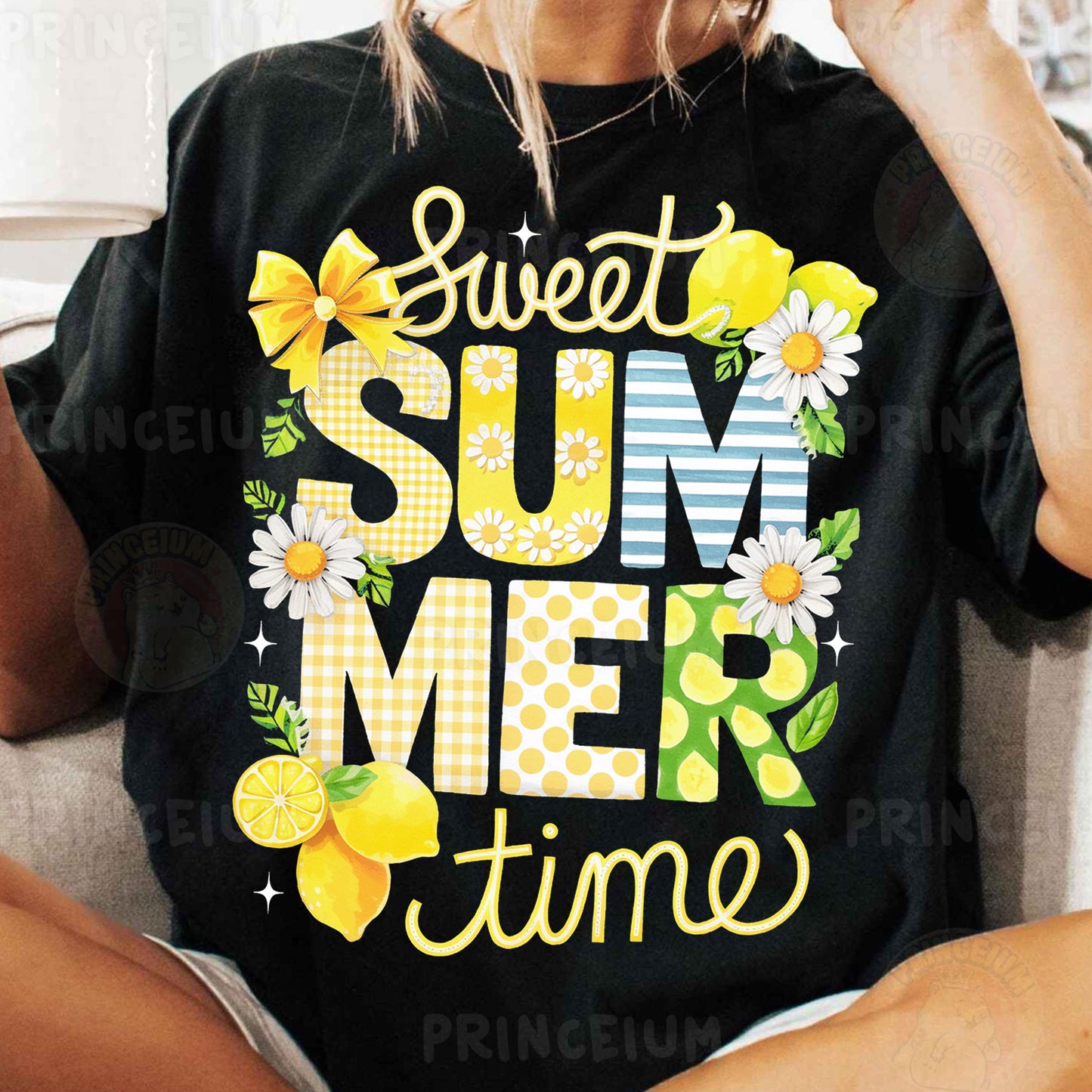 a woman sitting on a couch wearing a t - shirt that says sweet summer