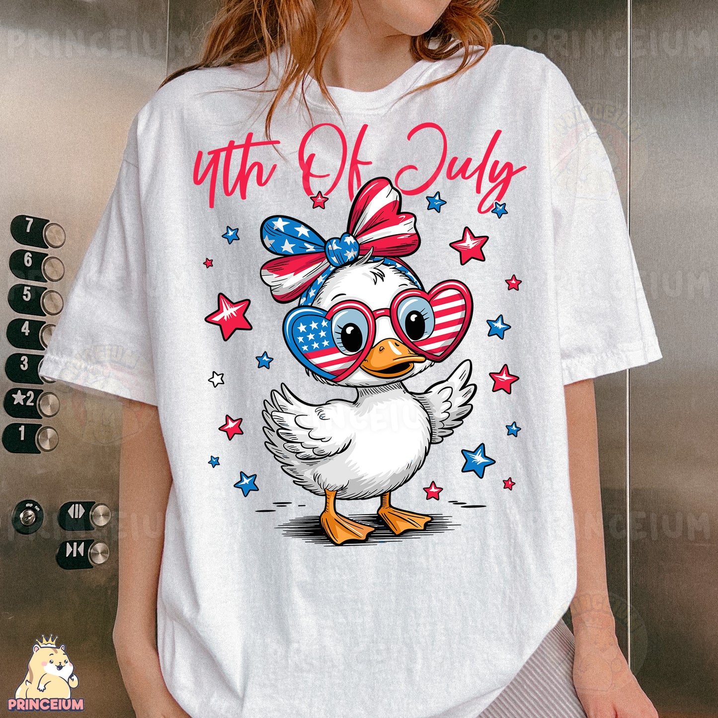 a woman wearing a white shirt with a duck wearing glasses