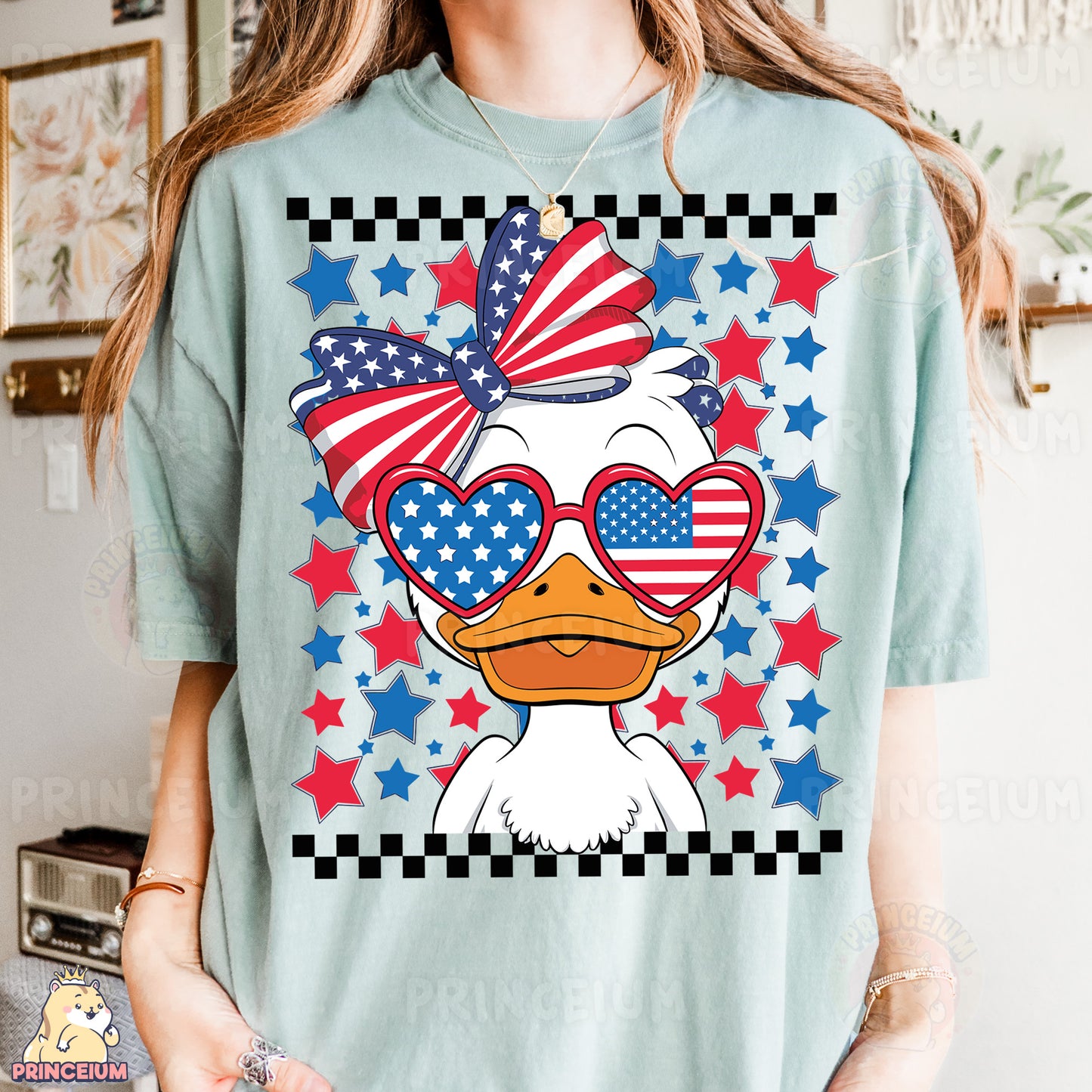 a woman wearing a t - shirt with a duck wearing sunglasses