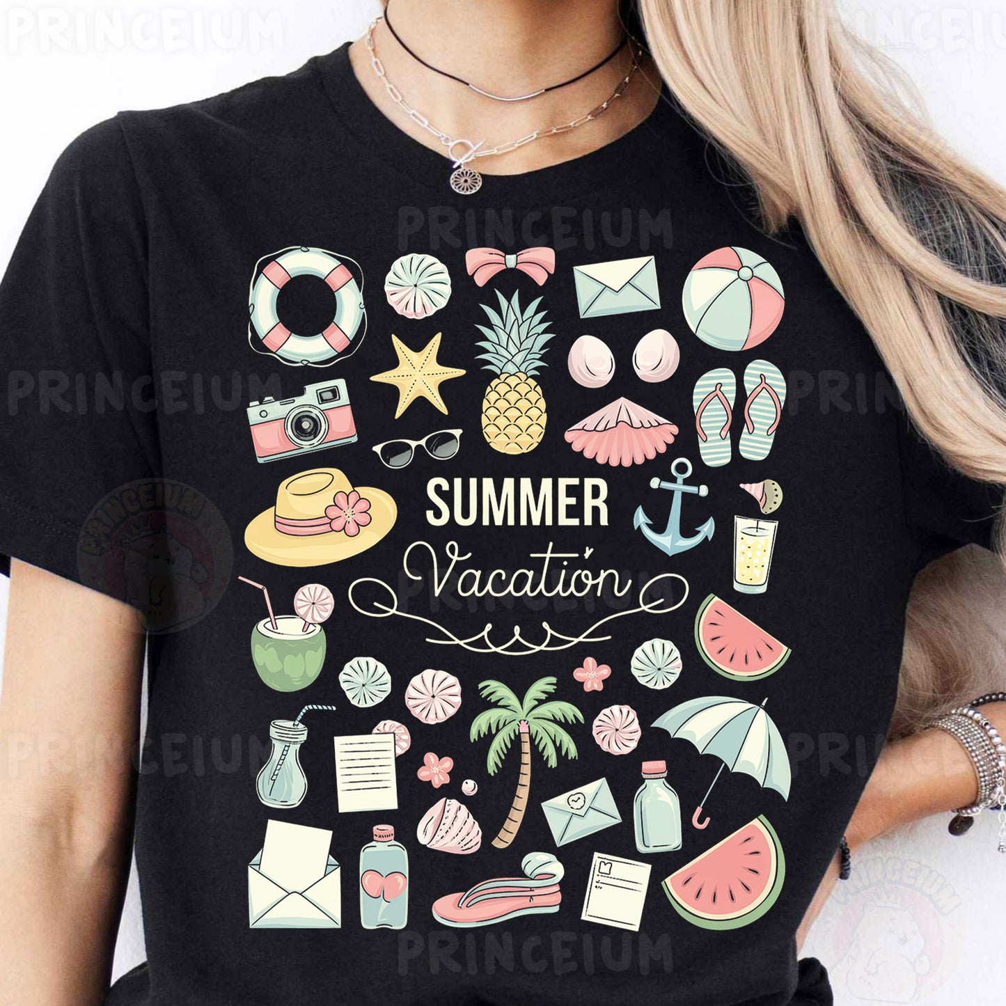 a woman wearing a black t - shirt that says summer vacation