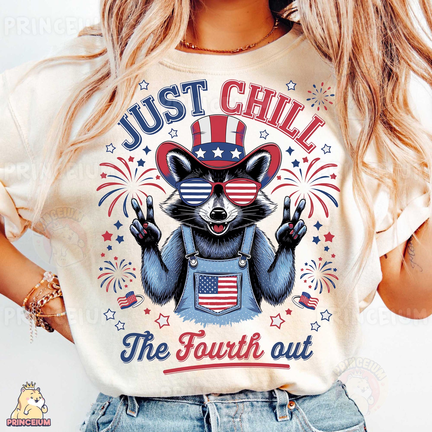 a woman wearing a t - shirt that says just chill the fourth out