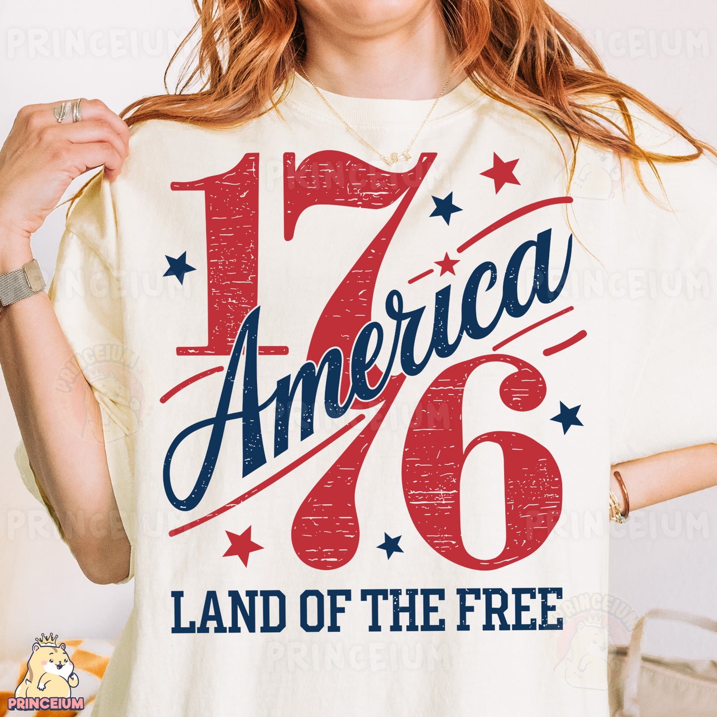 a woman wearing a t - shirt that says america 76 land of the free