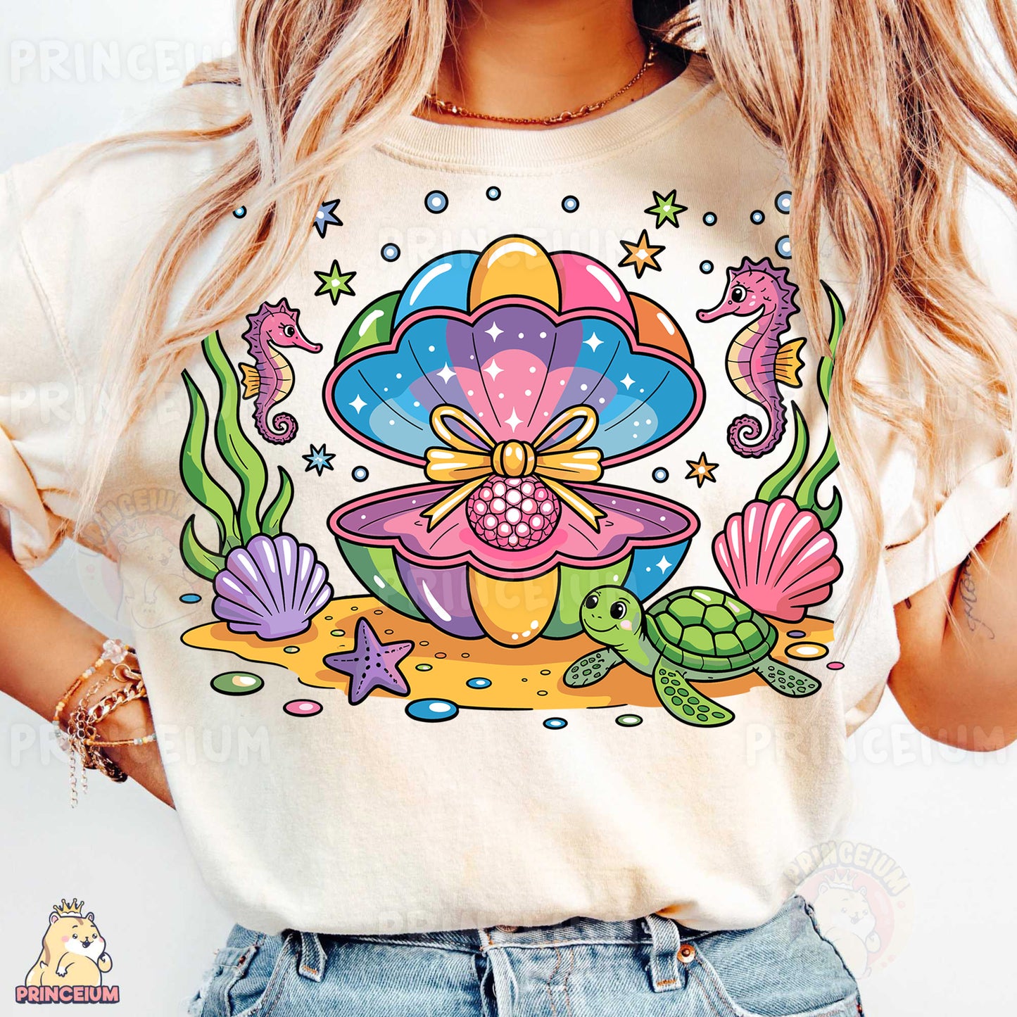 a woman wearing a t - shirt with an image of a turtle on it