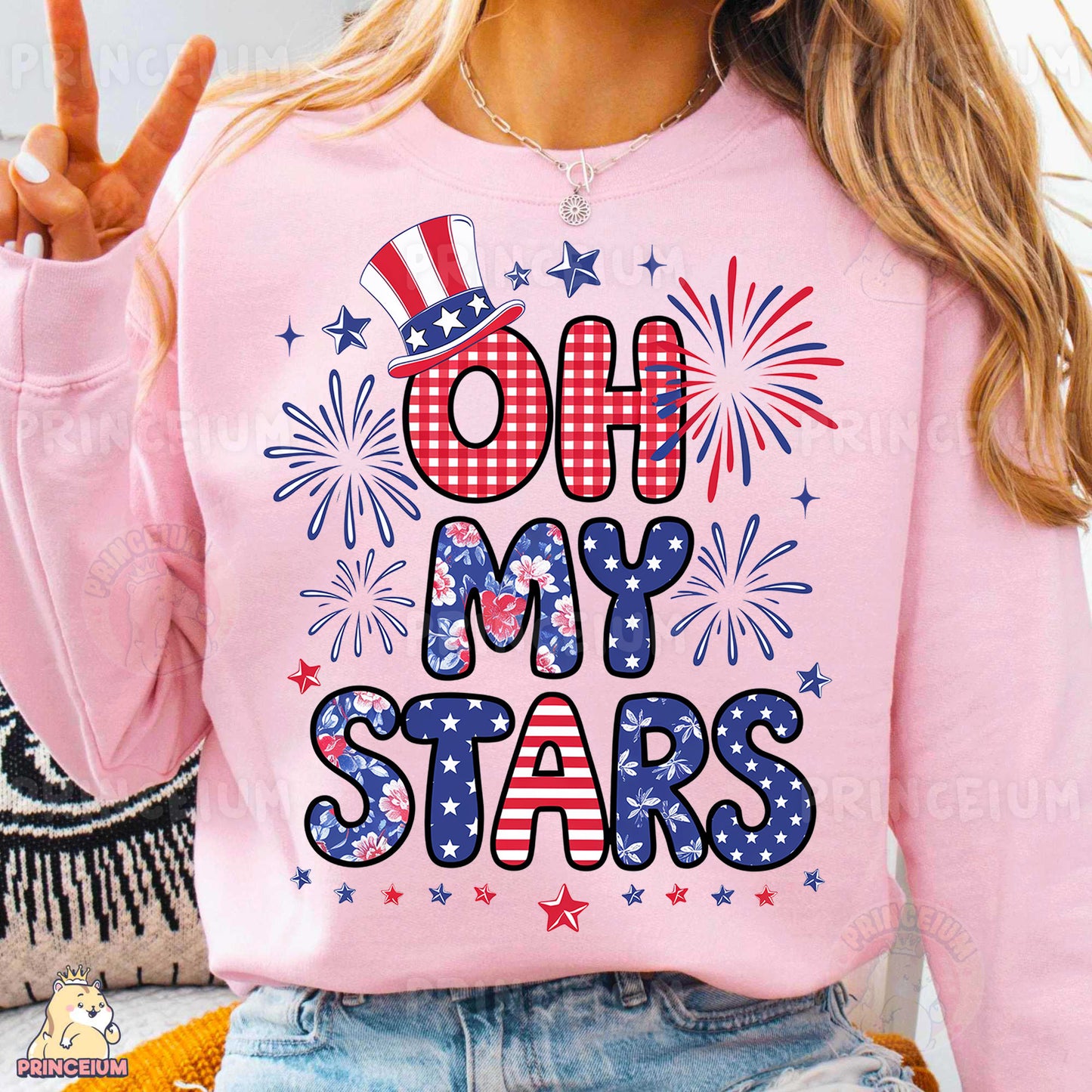 a woman wearing a pink shirt that says oh my stars