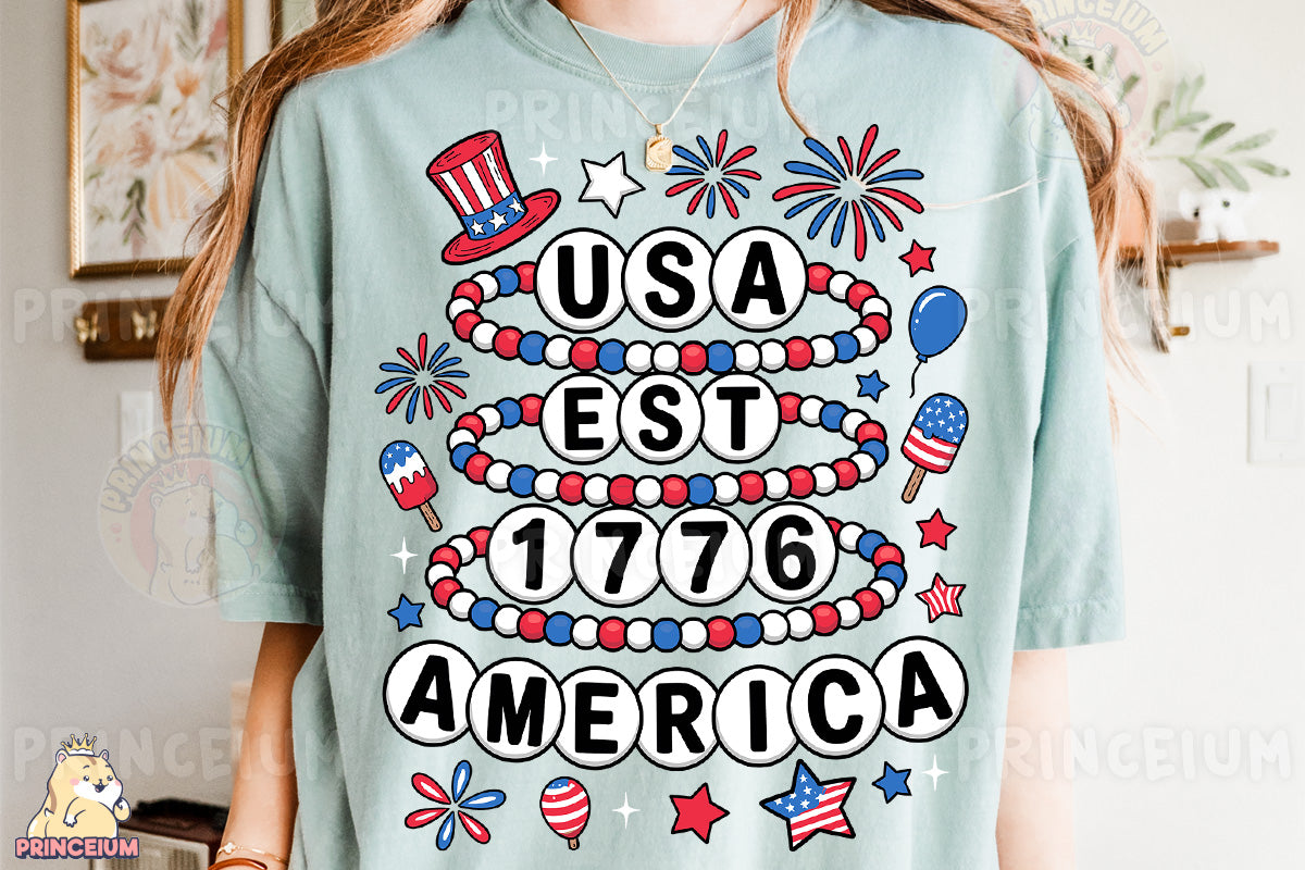 a woman wearing a usa est 766 america t - shirt