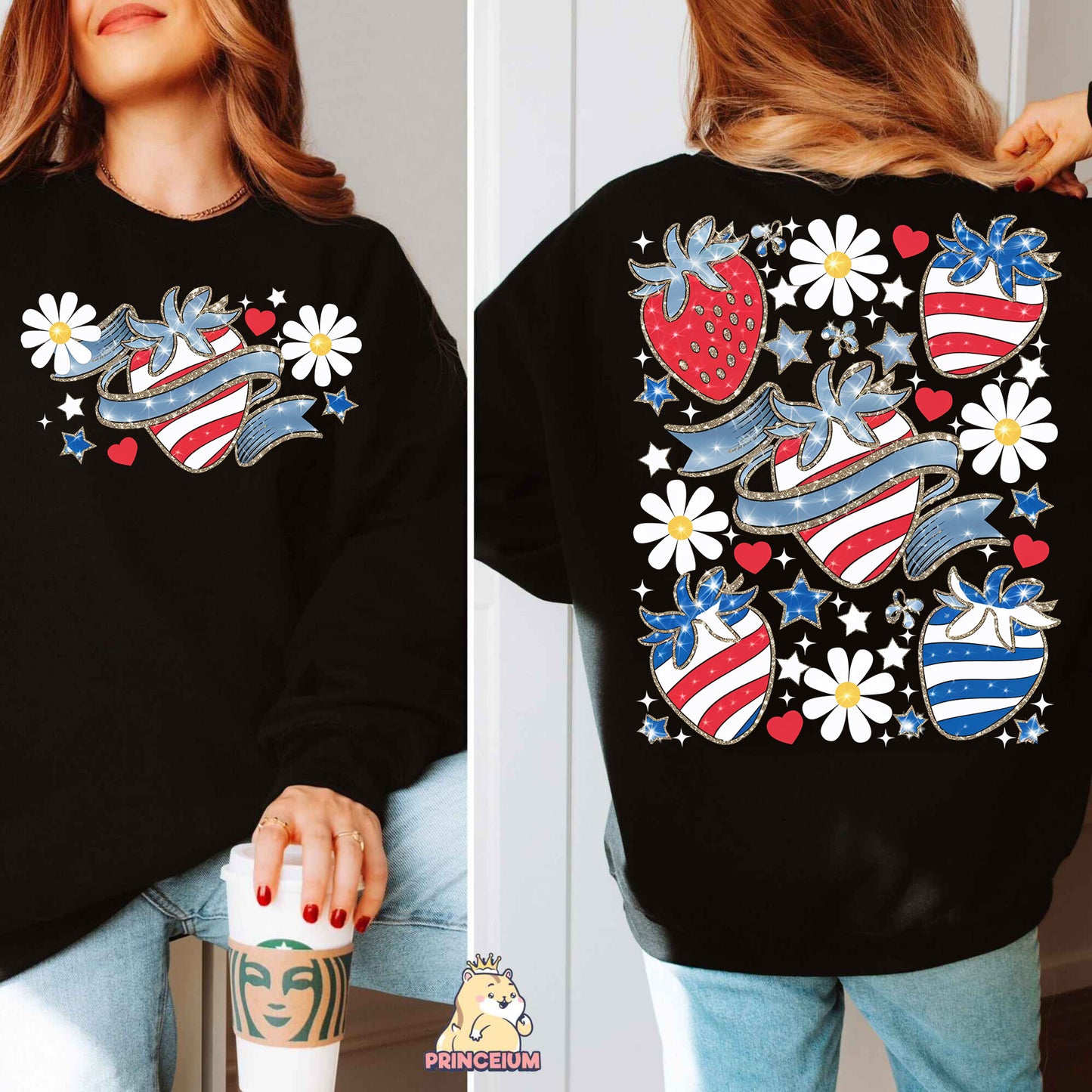 a woman wearing a black sweatshirt with american flags and flowers on it