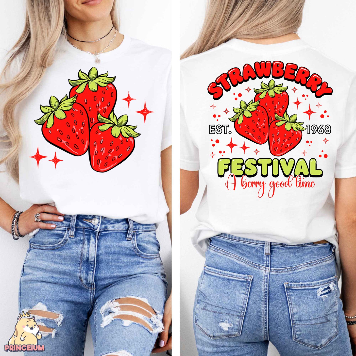 a woman wearing a white shirt with strawberries festival on it
