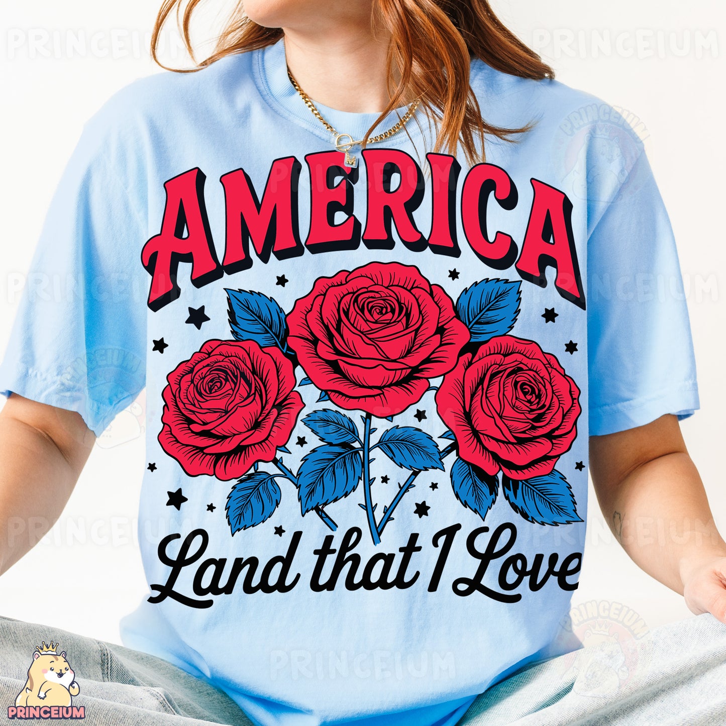 a woman wearing a t - shirt that says america land that i love