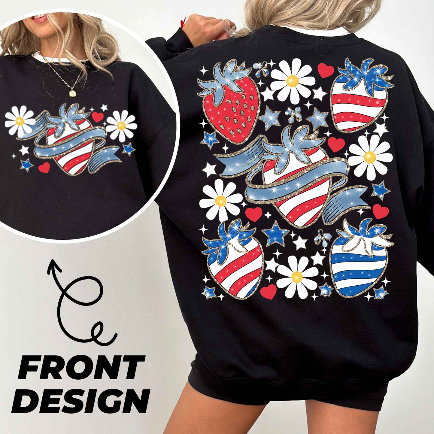 the back of a woman's black sweatshirt with hearts and flowers on it