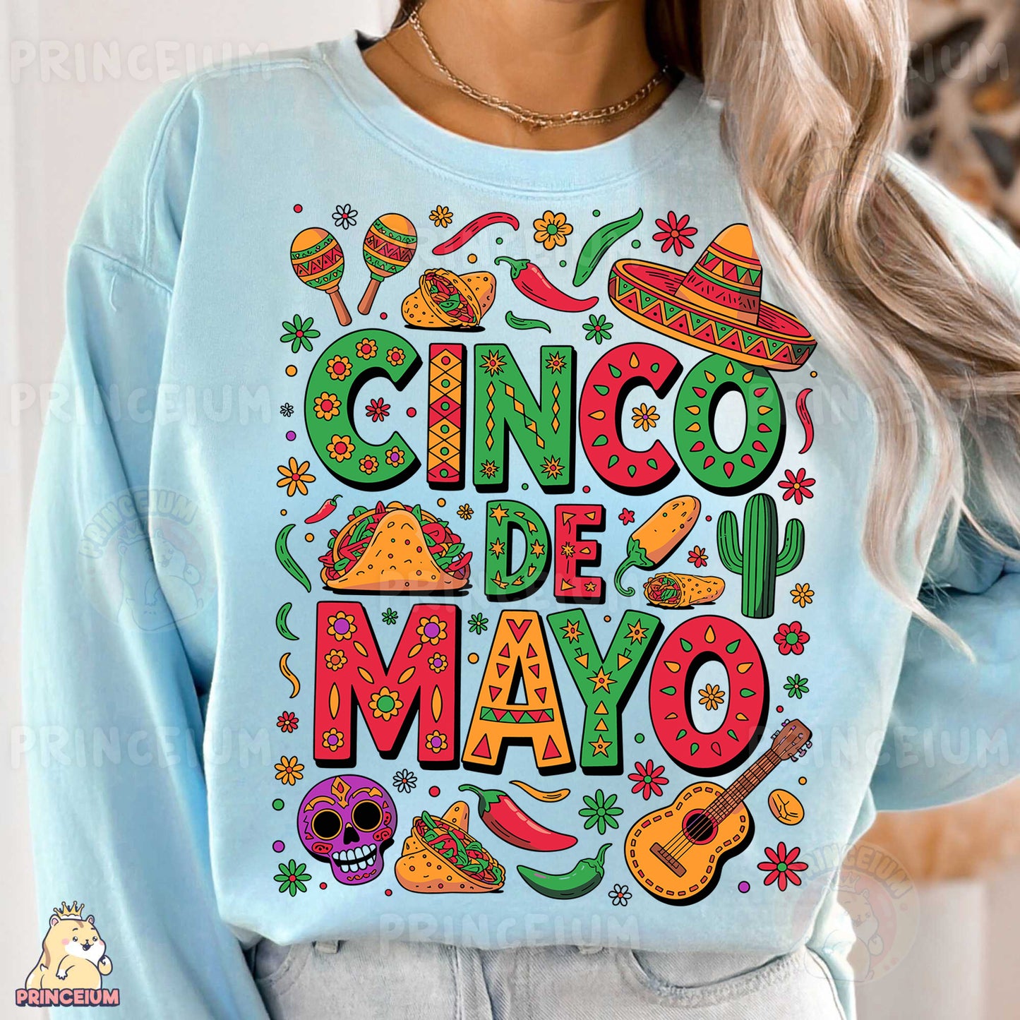 a woman wearing a cinco de mayo sweatshirt