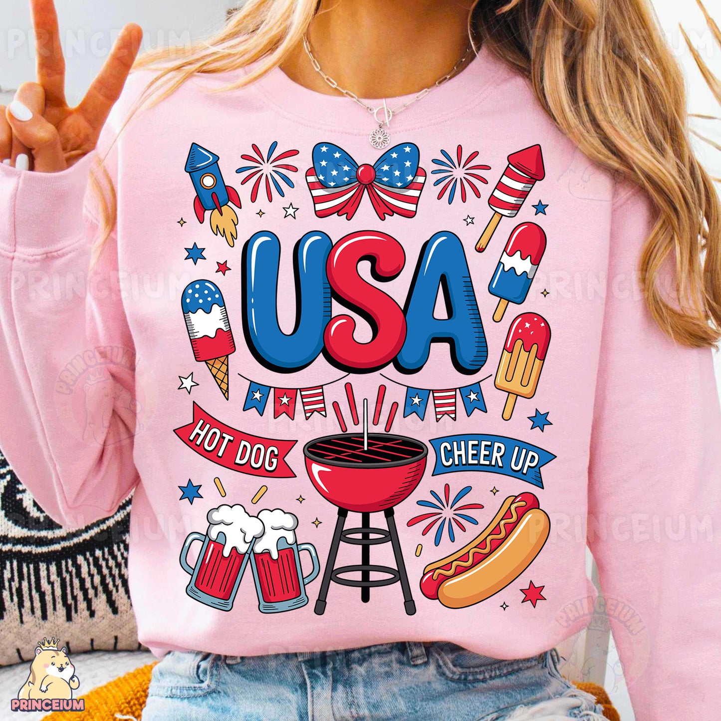 a woman wearing a pink usa sweatshirt and jeans