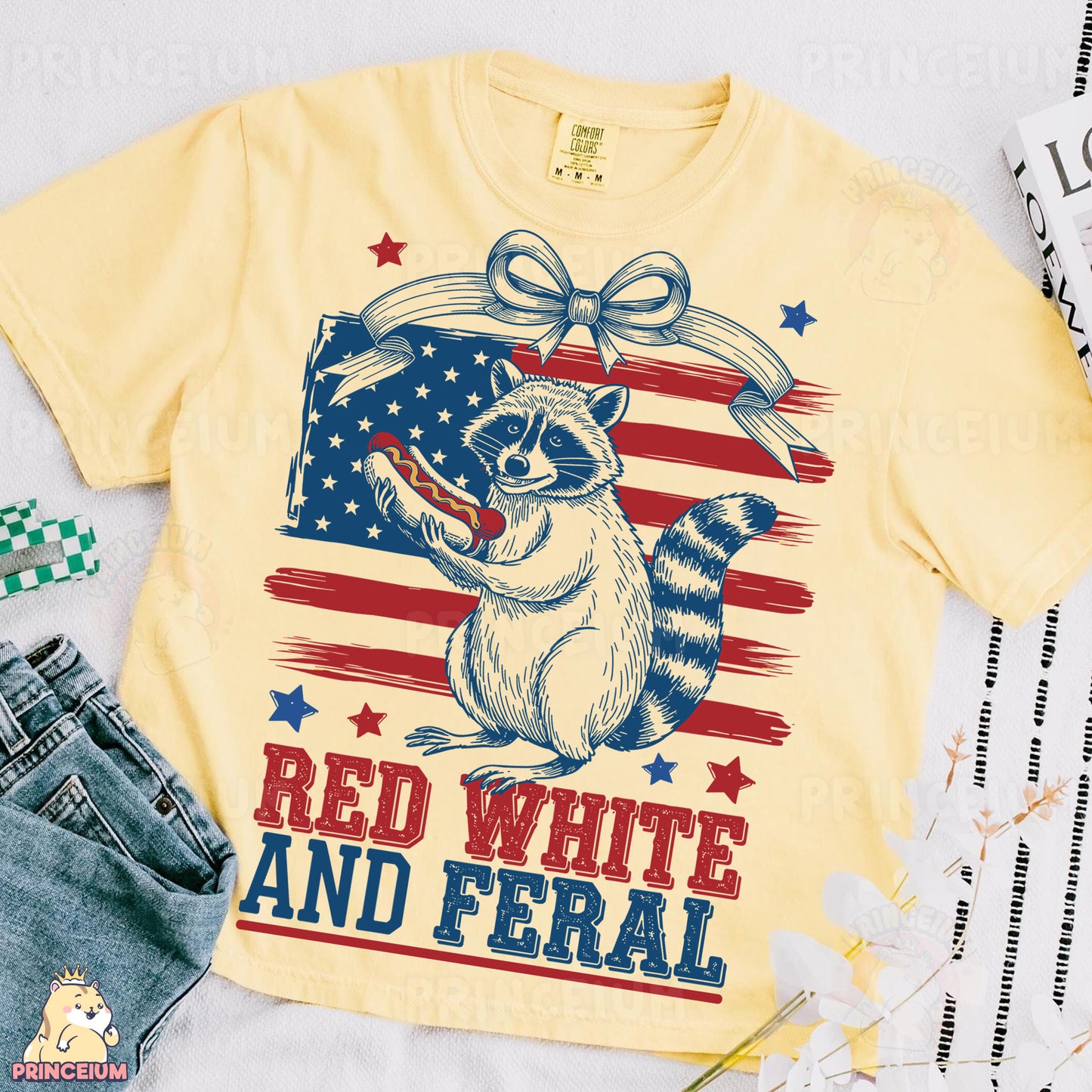 a t - shirt with a raccoon holding an american flag