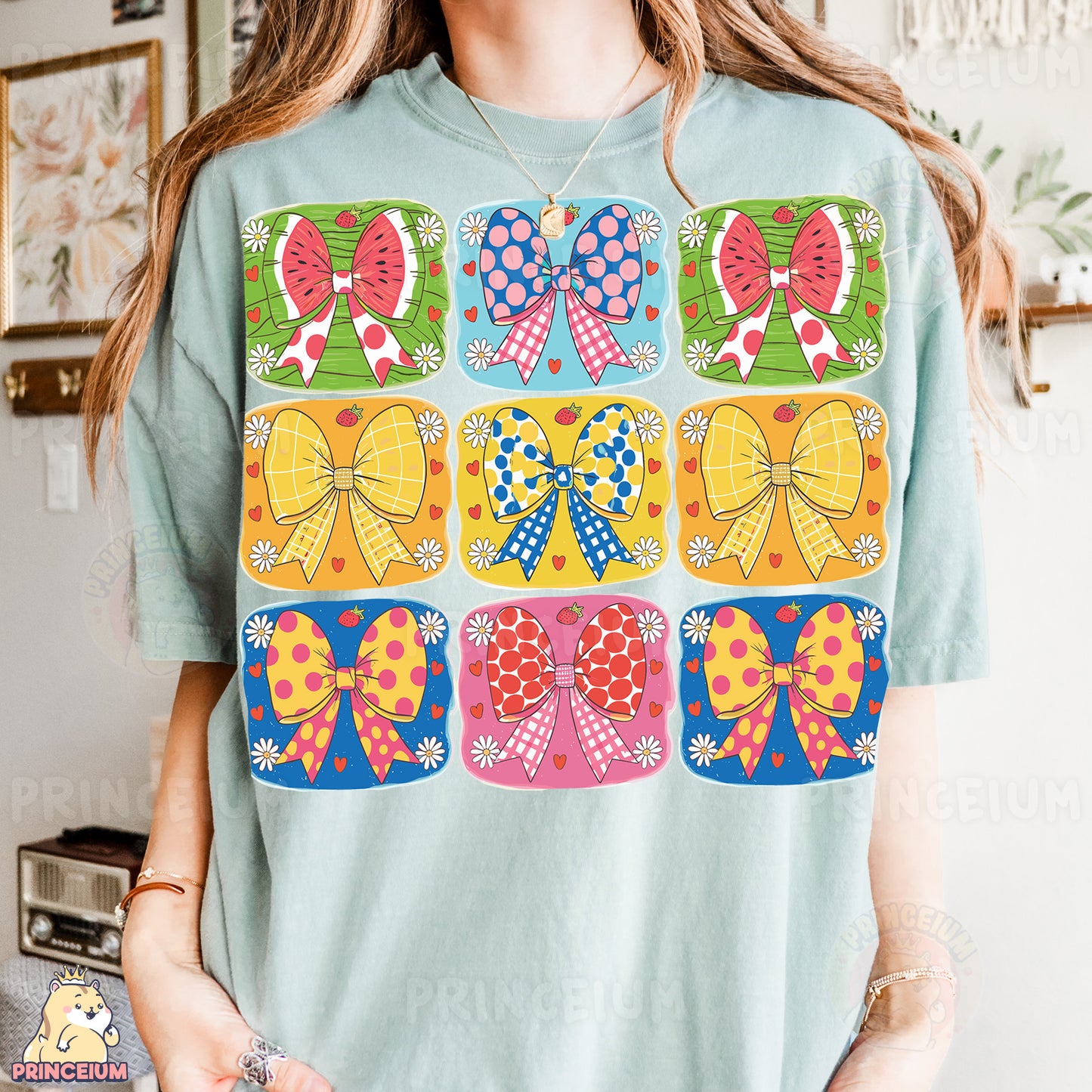 a woman wearing a t - shirt with bows on it