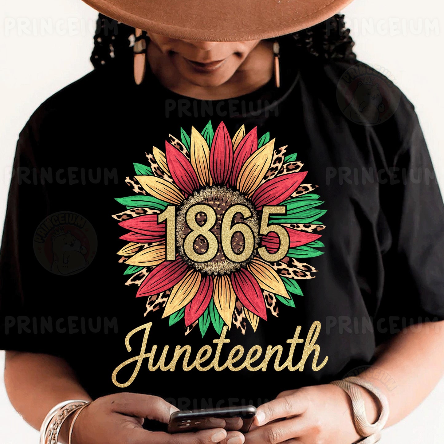 a woman wearing a black shirt with a sunflower on it