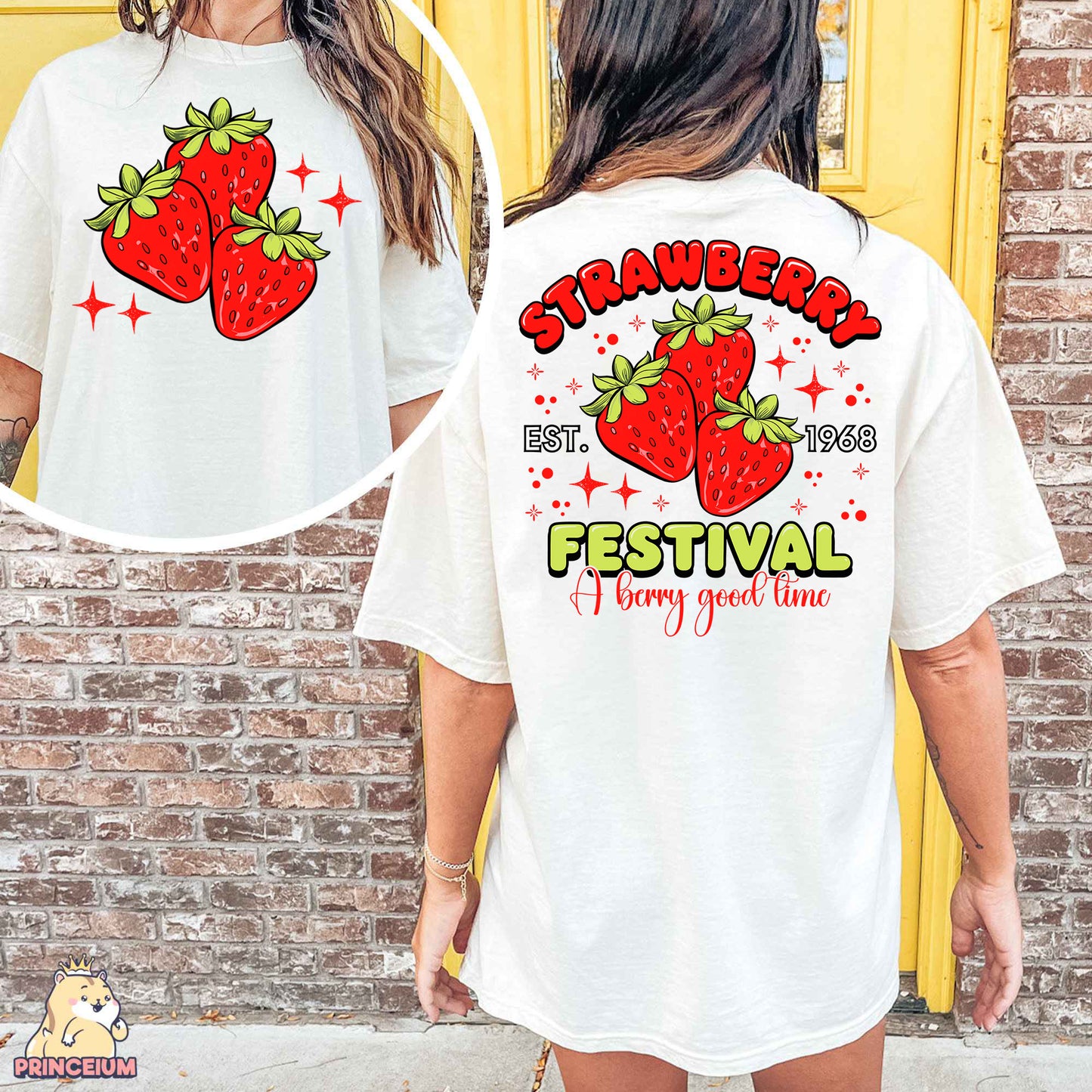 a woman wearing a white shirt with strawberries festival on it
