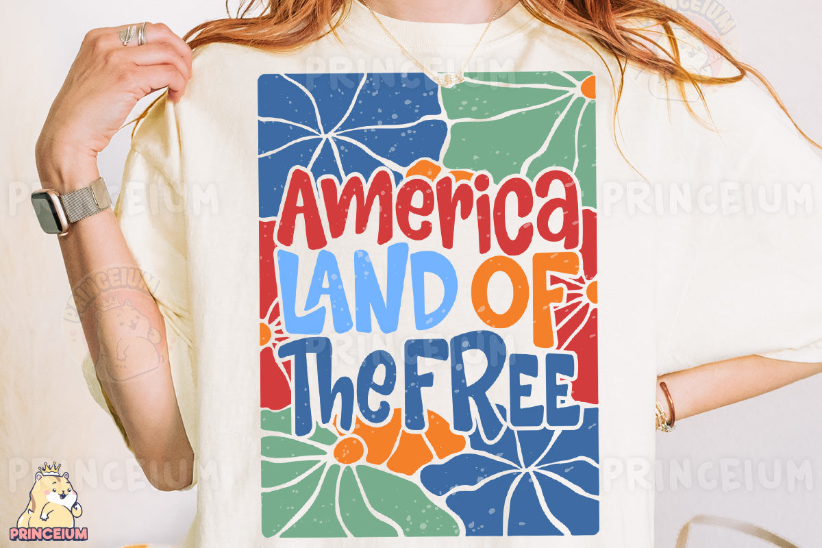 a woman wearing an american land of the free t - shirt
