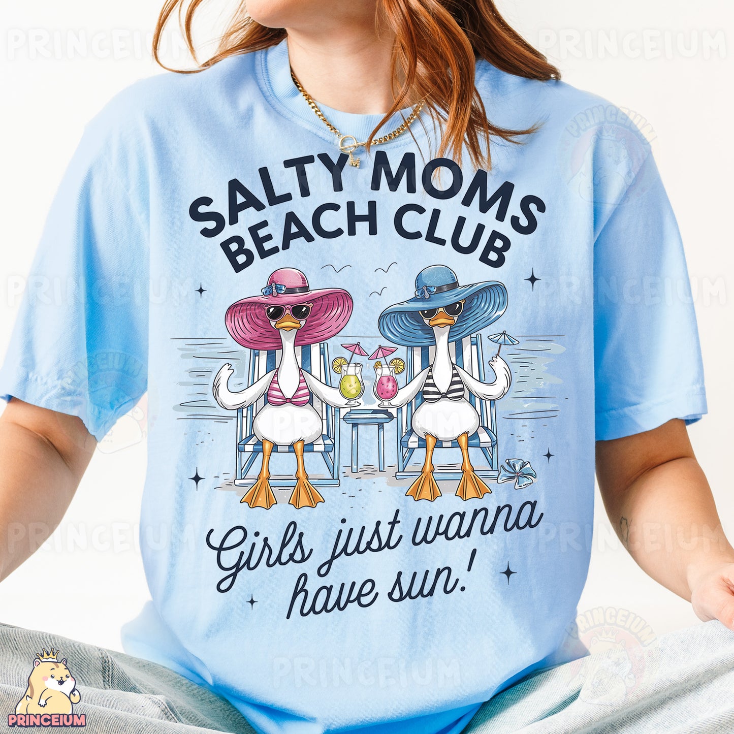 a woman wearing a t - shirt that says salty moms beach club