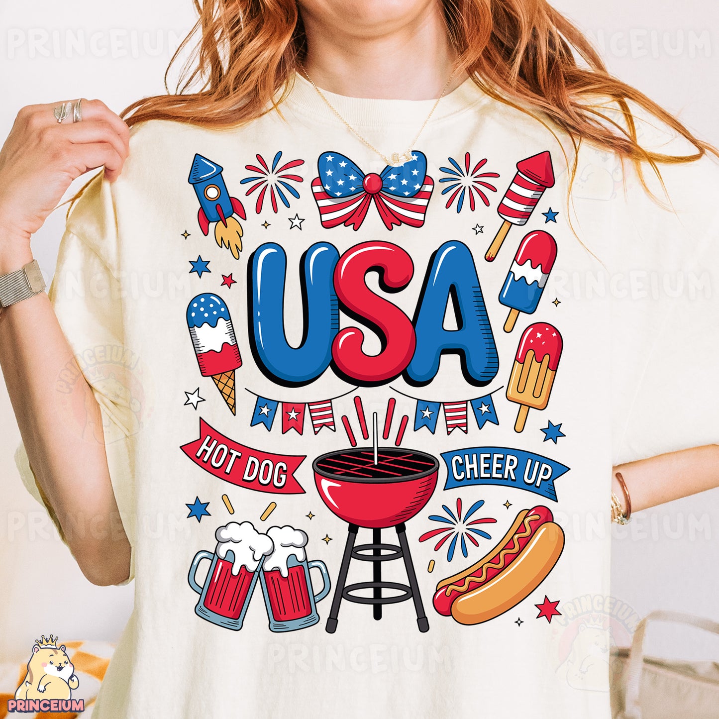 a woman wearing a usa t - shirt with hot dogs, hamburgers, and