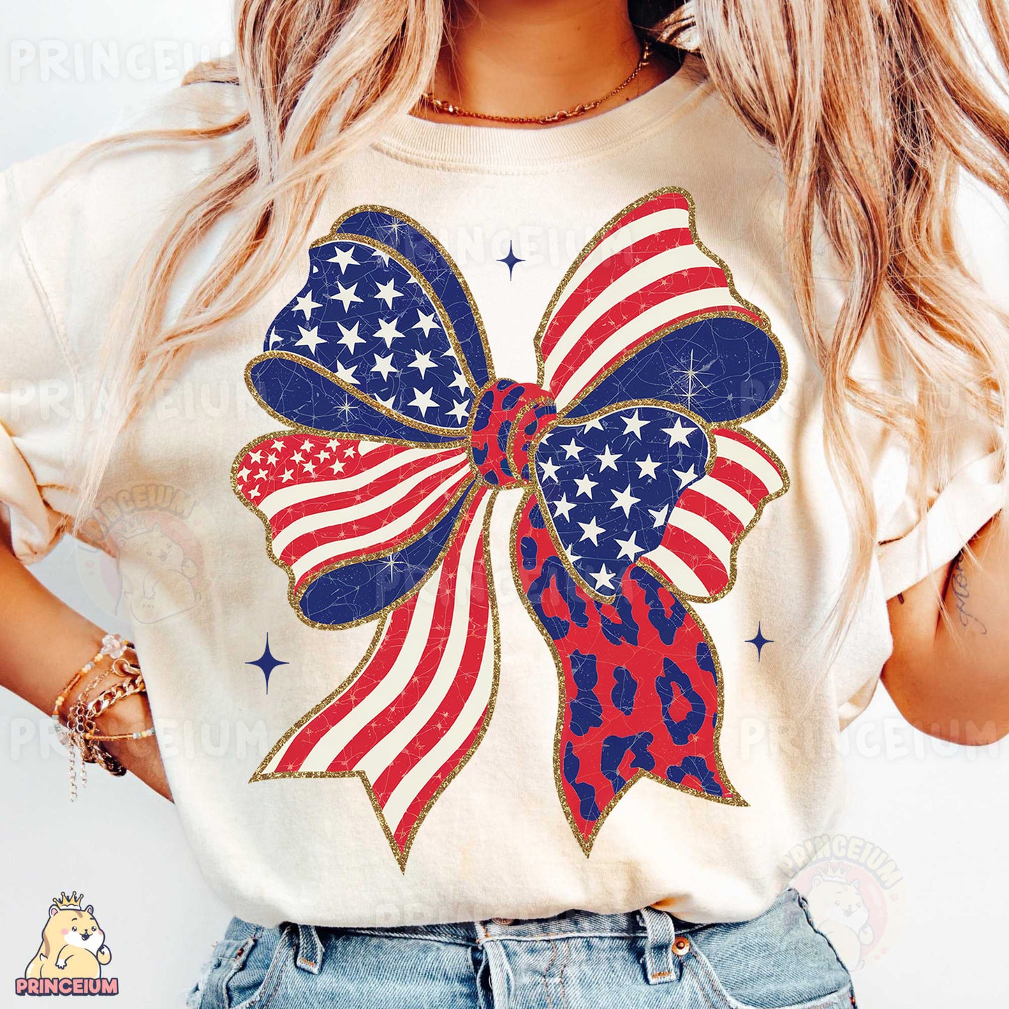a woman wearing a patriotic bow t - shirt