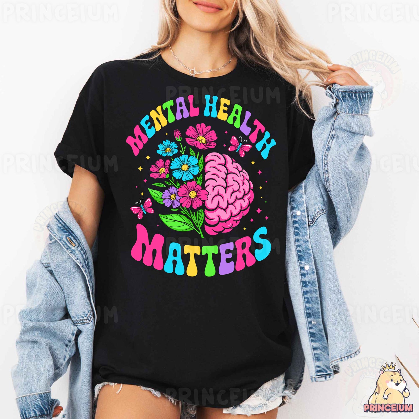 a woman wearing a t - shirt that says mental health matters