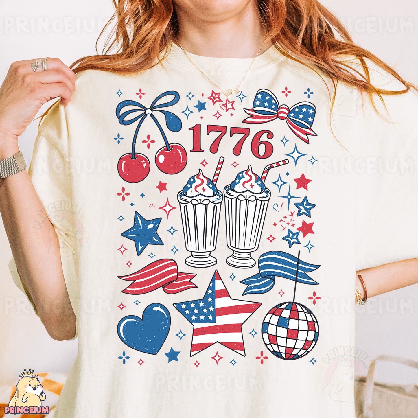 a woman wearing a white t - shirt with a patriotic design on it
