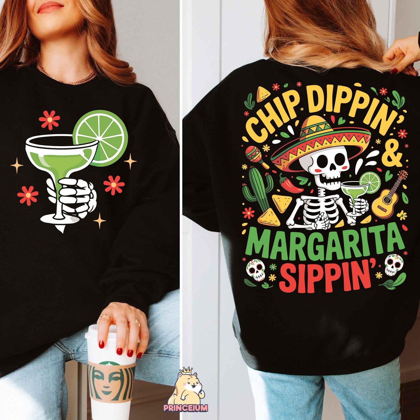 a woman wearing a black shirt that says chip dippin and margarita sipin