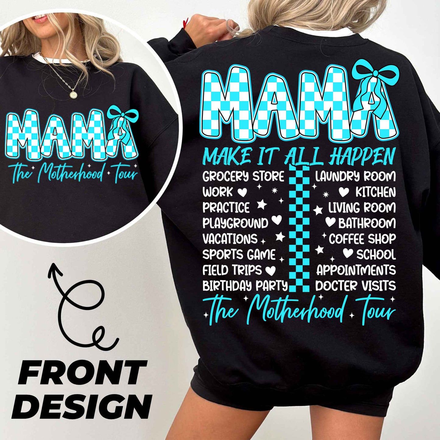 a woman wearing a black sweatshirt with the words mama on it